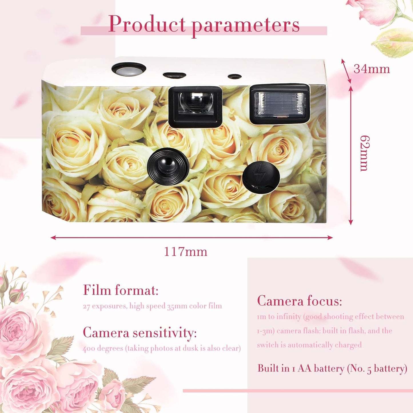 12 Pack Disposable Camera Bulk for Wedding 34 mm Single Use Film Camera with Flash for Wedding Baby Shower Anniversary Gathering Travel Camp Party Supply(Yellow Rose)
