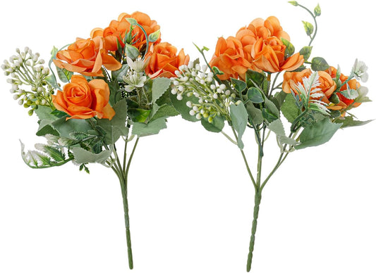 Artificial Flower 5 Branches Artificial Silk Fake Flowers Bouquet Small Roses for Wedding Home Office Tables Decor 2 Packs(Orange)