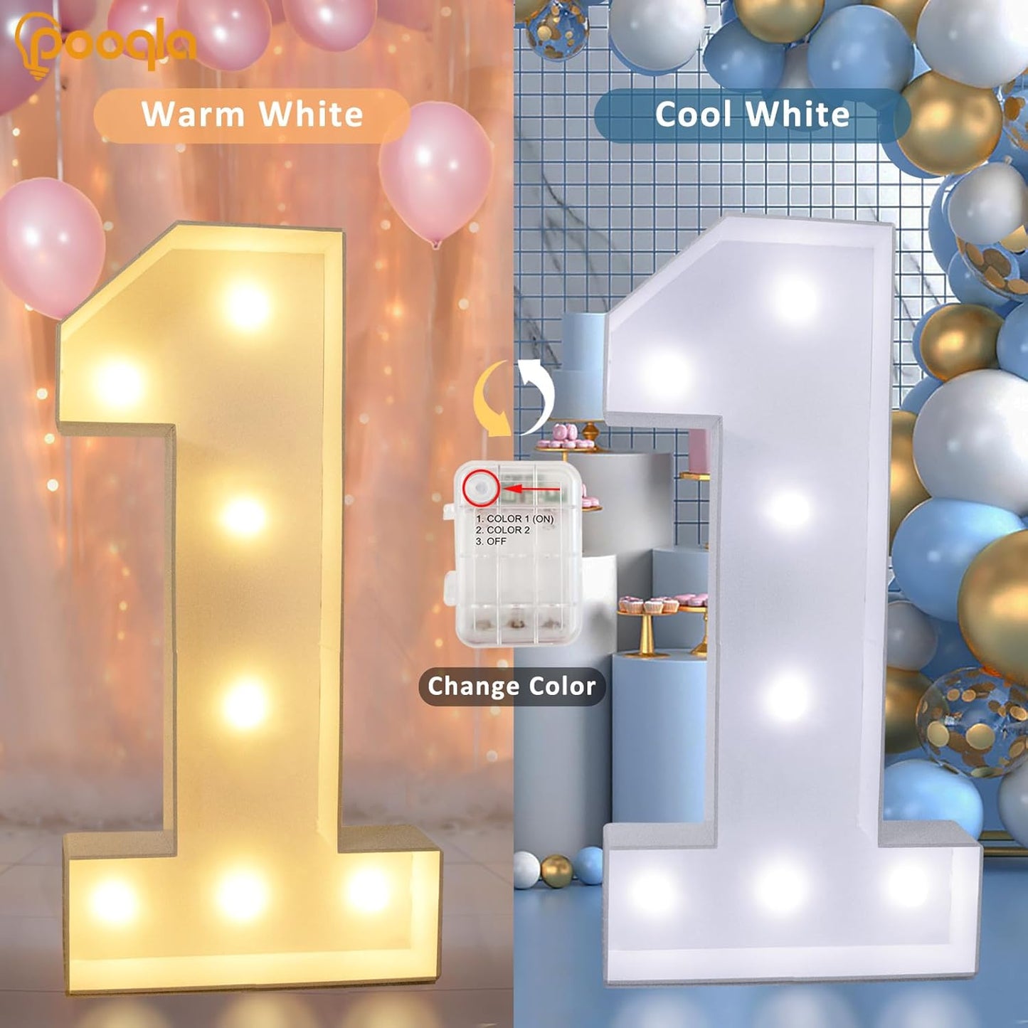 Pooqla 3FT Light Up Marquee Numbers, LED Large Lighted Marquee Numbers for Party Decoration, Giant Mosaic Number for Balloon 4th 14th 40th Birthday Decoration, Cool White and Warm White 4