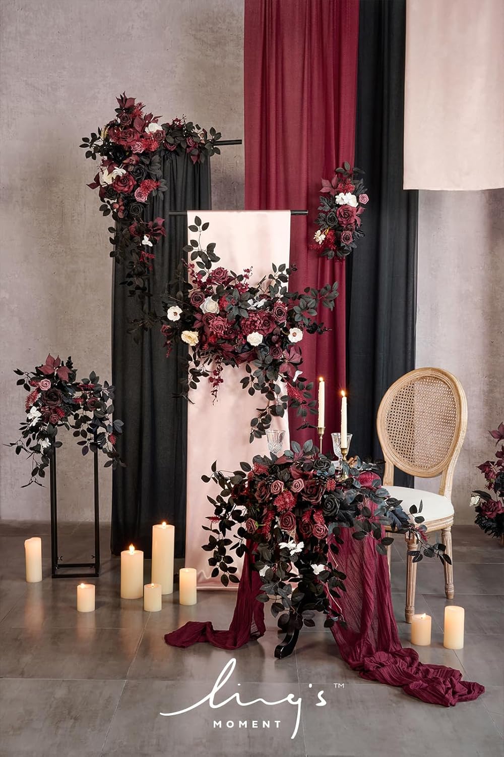 Ling's Moment 17.5" Tall Free Standing Artificial Flowers Arrangements 4 pcs Wedding Aisle Runner Chair Decorations Black Burgundy for Ceremony Reception Rose Floral Party Outdoor Centerpieces