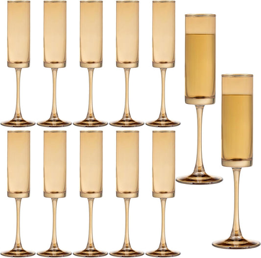 12 Pieces Amber Champagne Flutes 6 OZ Straight Sided Wine Glasses Champagne Long Stem Drinking Colored Glasses,Set of 12 Hand Blown Champagne Flutes Goblets for Wedding Cocktail Cups,Cava, Prosecco