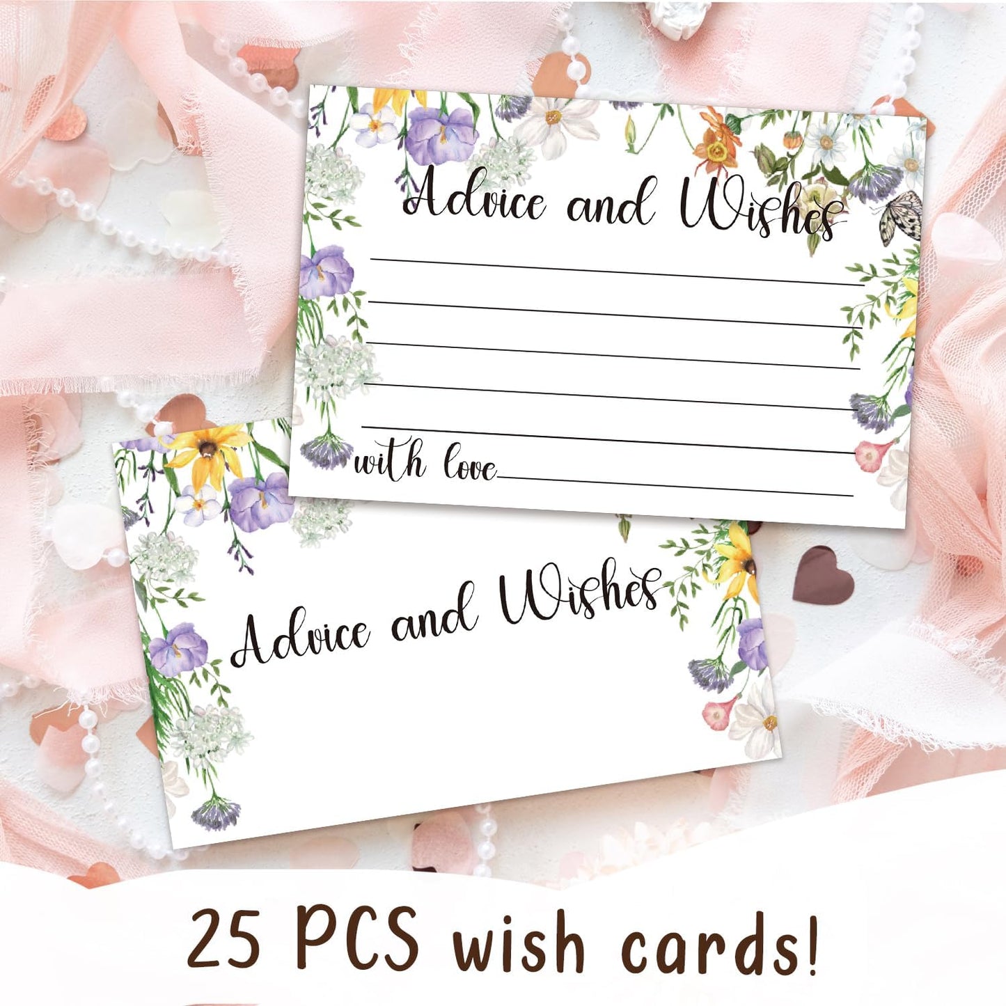 Floral Advice and Wishes Cards, Double-sided Blank Cards Suitable for Bridal Showers, Weddings, The Bride and Groom, Mr and Mrs, Engagement Party, Baby Shower, Pack of 25-06