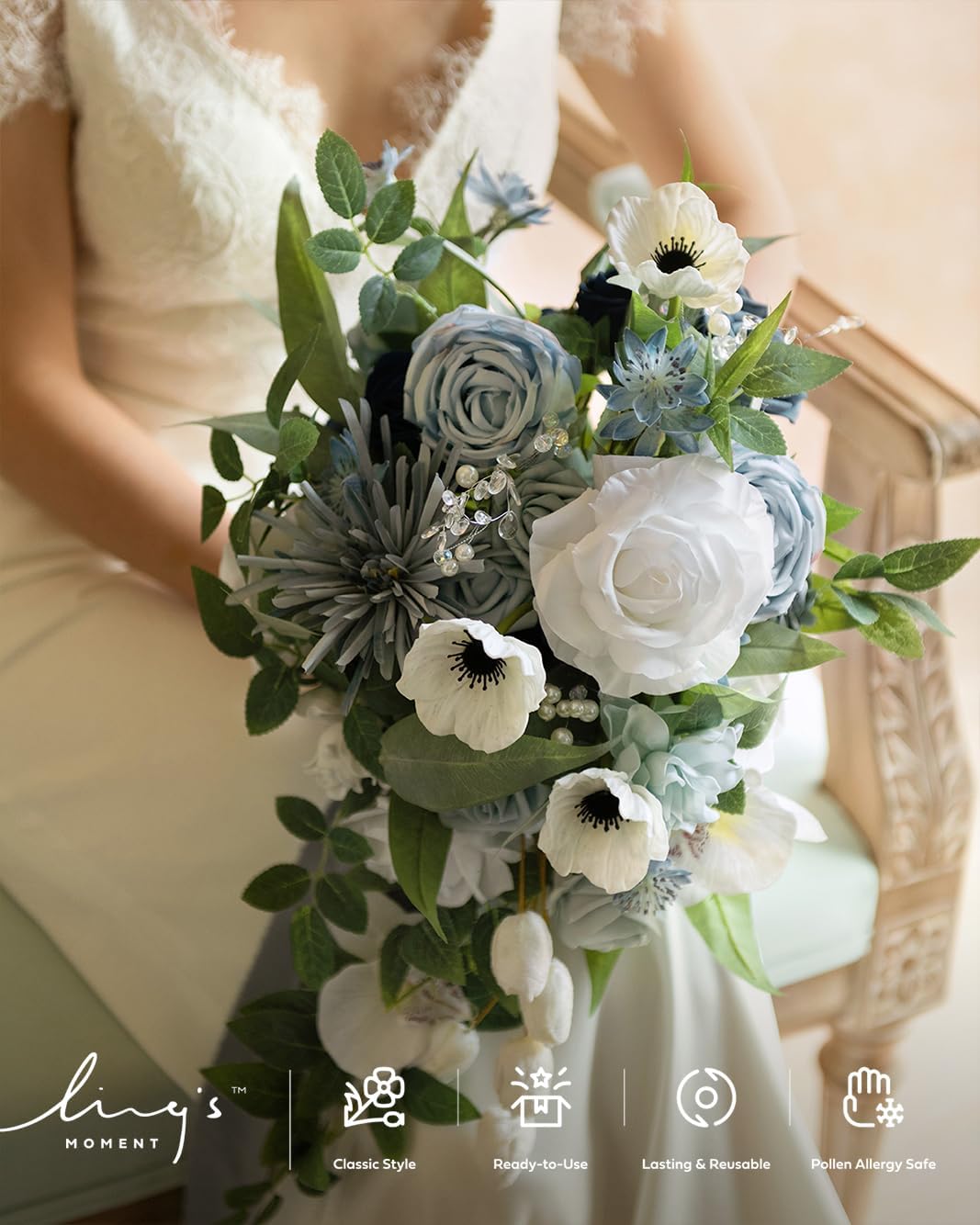 Ling's moment Dusty Blue Bridal Bouquet Cascading, Wedding Bouquets for Bride, 15 Inch Bride Bouquets for Wedding Artificial Flowers Bouquets