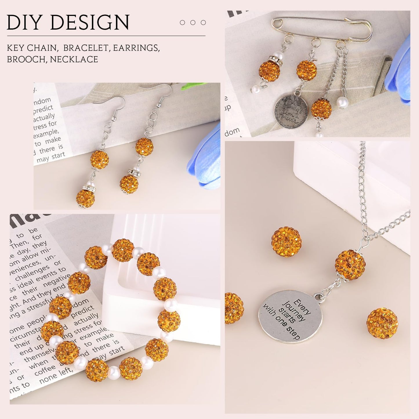 200pcs 10mm Golden Rhinestone Beads for Jewelry Making, Shiny Round Shamballa Disco Ball Beads Bulk, Sparkle Crystal Clay Christmas for Bracelet Baseball Necklace Earring Crafting and DIY