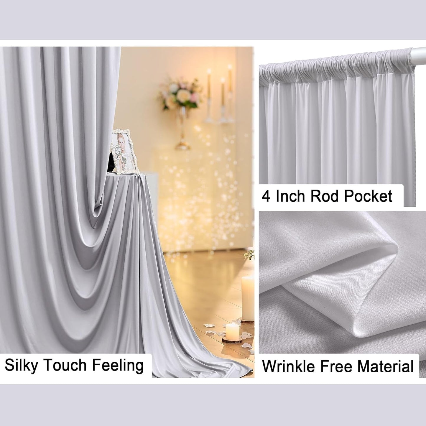 10 ft x 10 ft Wrinkle Free Silver Backdrop Curtain for Parties, Polyester Silver Grey Backdrop Drapes 2 Panels 5x10ft for Baby Shower Photoshoot Engagement Wedding Birthday Photography Background