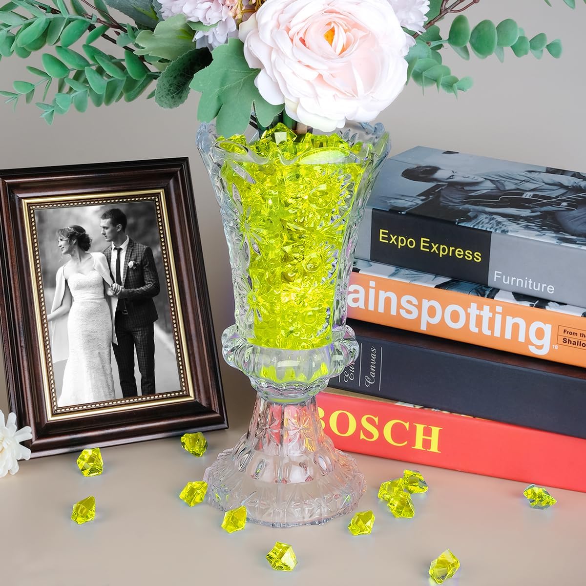 Babenest Acrylic Crushed Ice Rocks, 150 PCS Fake Crystals Plastic Ice Cubes Diamonds Gems for Vase Fillers, Home Decoration, Table Scatter, Event, Wedding, Arts & Crafts (Yellow)