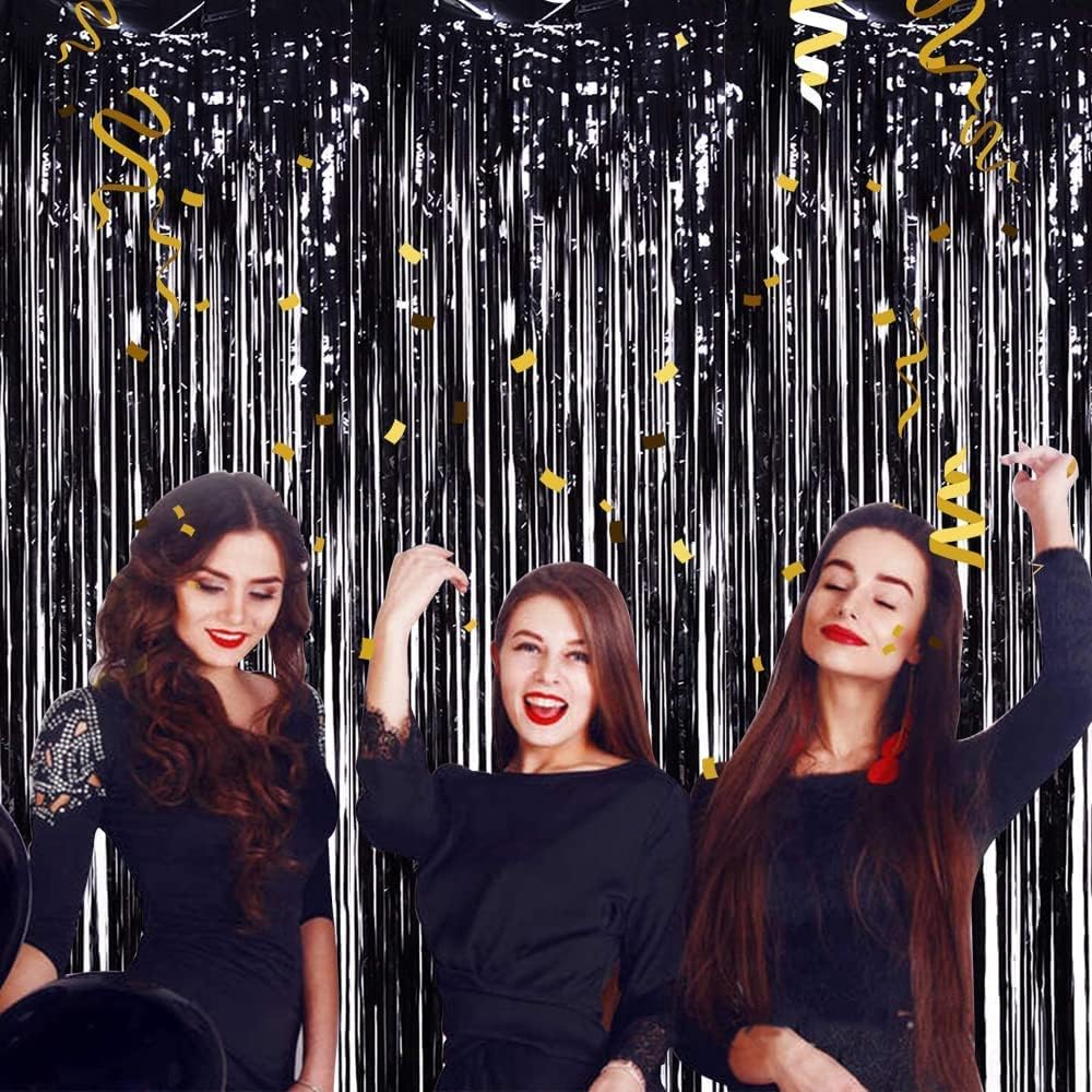 TONIFUL 3Pcs Black Door Streamers,Black Photo Booth Backdrop Metallic Streamers Foil Fringe Curtains for Halloween,Birthday,Christmas,New Year,Bachelorette,Graduation Party Decor(9.9ft x 8.2ft)