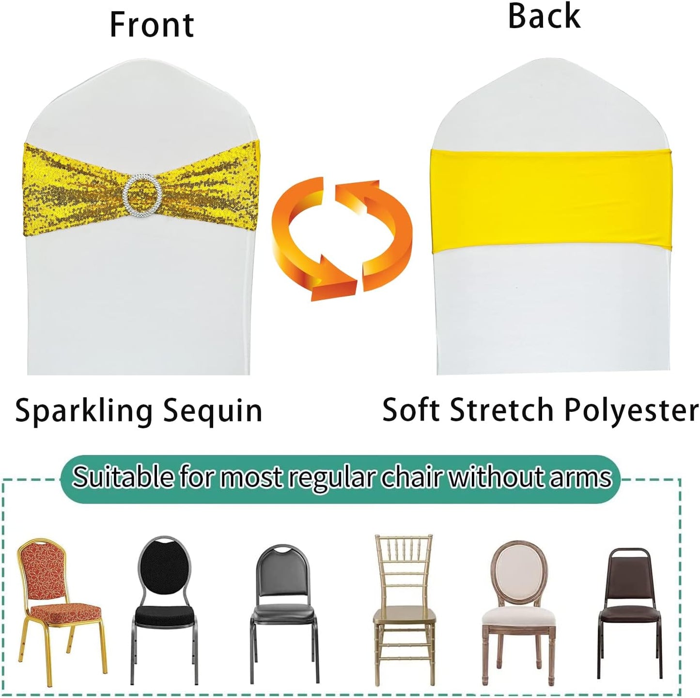 25 Pcs Sequin Chair Sashes Stretch Chair Bands Spandex Polyester Bows for Party Hotel Wedding Banquets Decoration -Gold