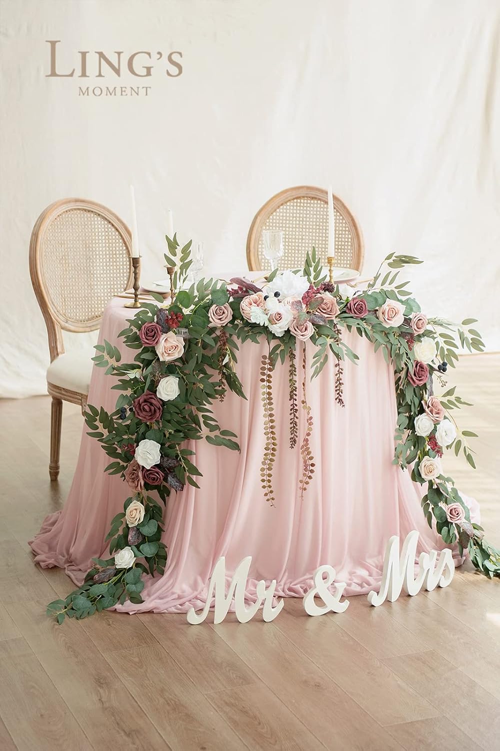 Ling's Moment 9FT Eucalyptus and Willow Leaf Garland with White Flower, Handcrafted Wedding Sweetheart Table Centerpieces Head Table Decor Arch Backdrop Decorations for Wedding | Dusty Rose & Mauve