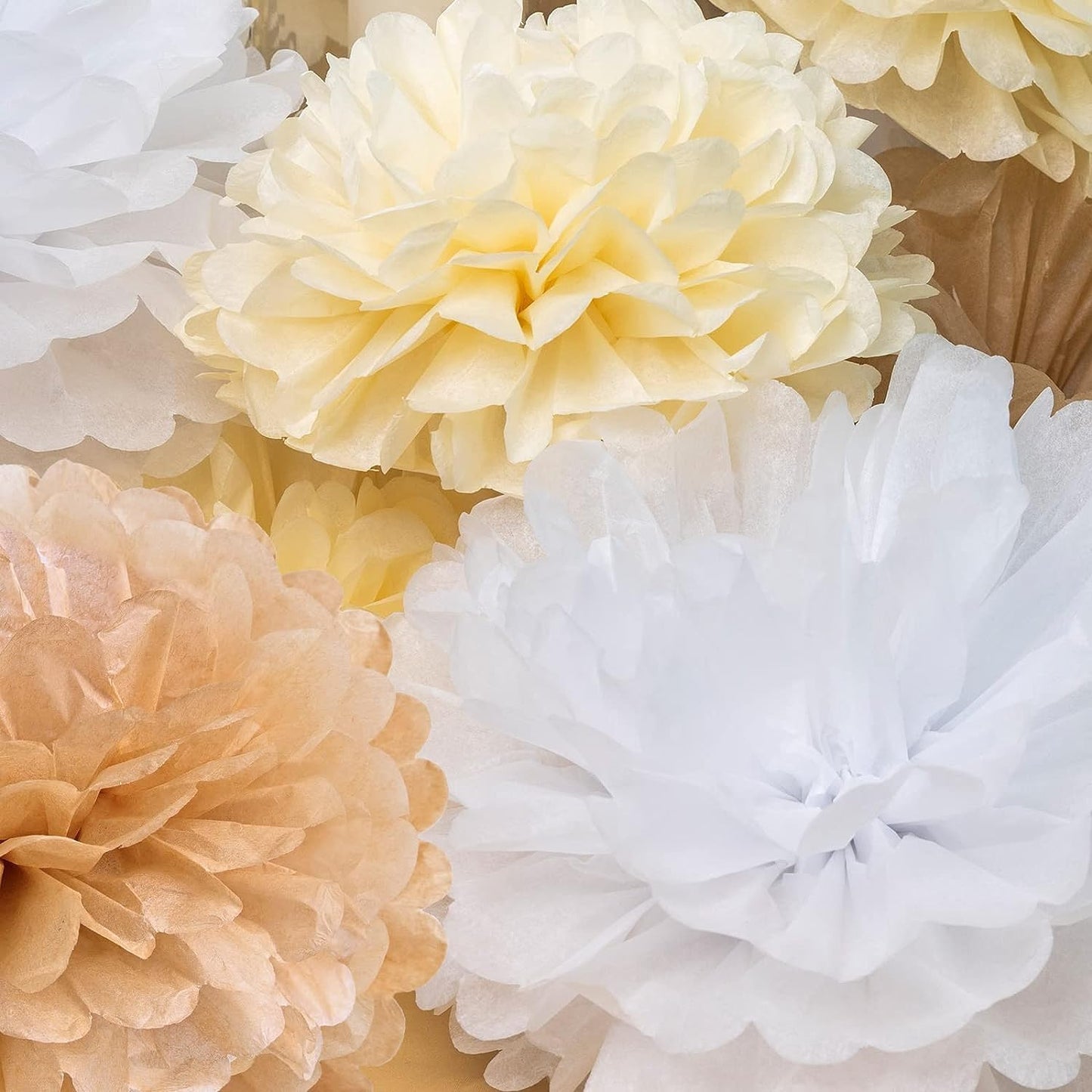 Boho Tissue Paper Pom Poms,Premium Champagne Neutral Party Decorations,Creamy White Light Brown Tissue Paper Flowers,for Wedding Birthday Engagement Receptions Boho Bridal Baby Showers Party Supplies