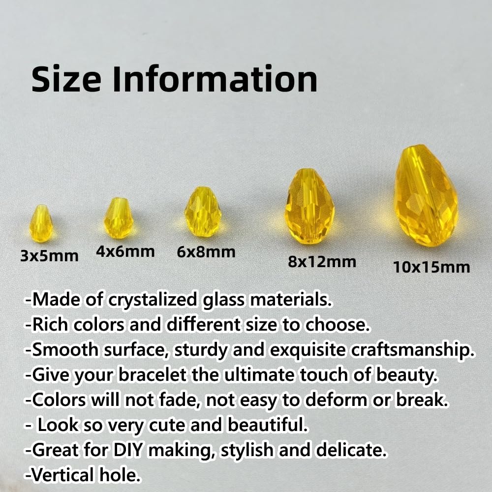 150pcs 4x6mm Teardrop Crystal Glass Beads for Jewelry Making, Faceted Vertical Hole Teardrop Glass Spacer Beads for Wind Chimes Bracelet Earring Necklace DIY Craft(Gold Yellow)