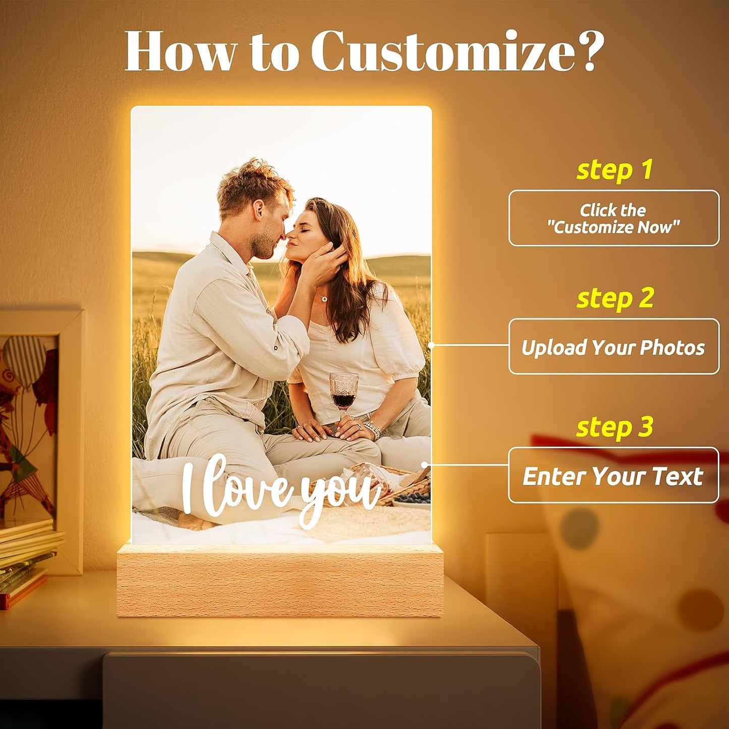 Personalized Picture Frame with Photo, Customized Photo Frame with Night Light, Custom Couple Picture Frames, Personalized Anniversary Birthday Gifts for Women Men Girlfriend Boyfriend Her Him