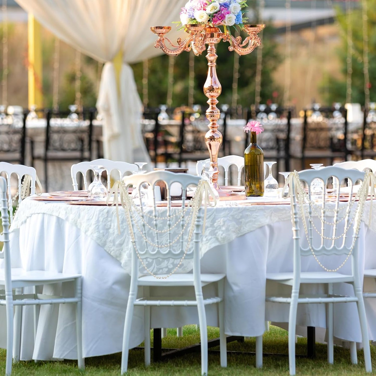 16 Pcs Wedding Pearl Bow Chair Decor Satin Ribbon Bows with Pearl Beaded String Garland Aisle Chair Sashes Decorations for Ceremony Coquette Party Banquet Decor (Ivory)