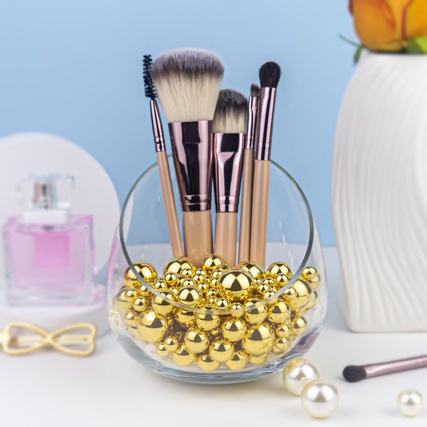 300Pcs Brightgold Polished No Hole Faux Pearl Beads for Vase Filling Decorations, Plastic Pearls Vase Fillers, Table Scatters, Wedding Centerpiece, Home Decor, 8/14/20 mm