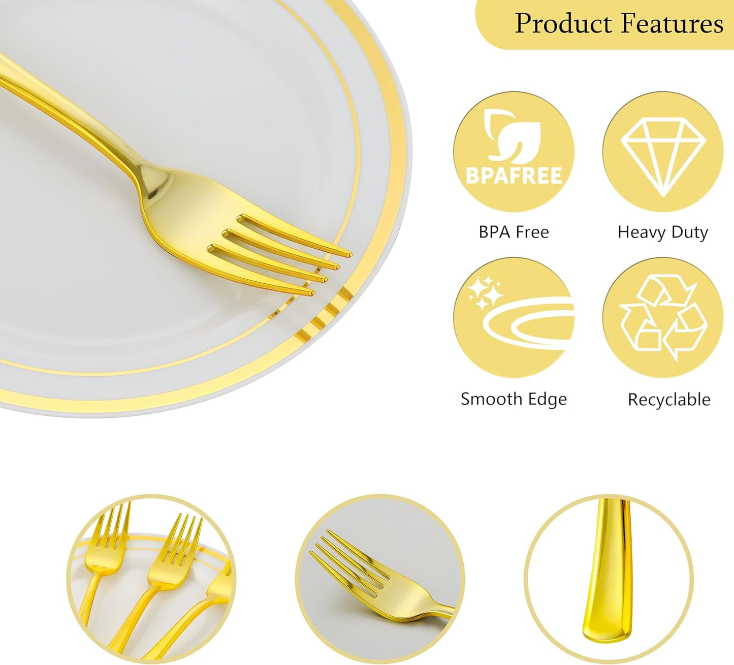 120pcs Gold Dessert Plates with Forks for 60 Guests-60pcs 7.5" Small Plastic Dessert Plates and 60pcs 7.4" Forks-Disposable Cake/Appetizer/Salad Plate for Wedding,Birthday and Party