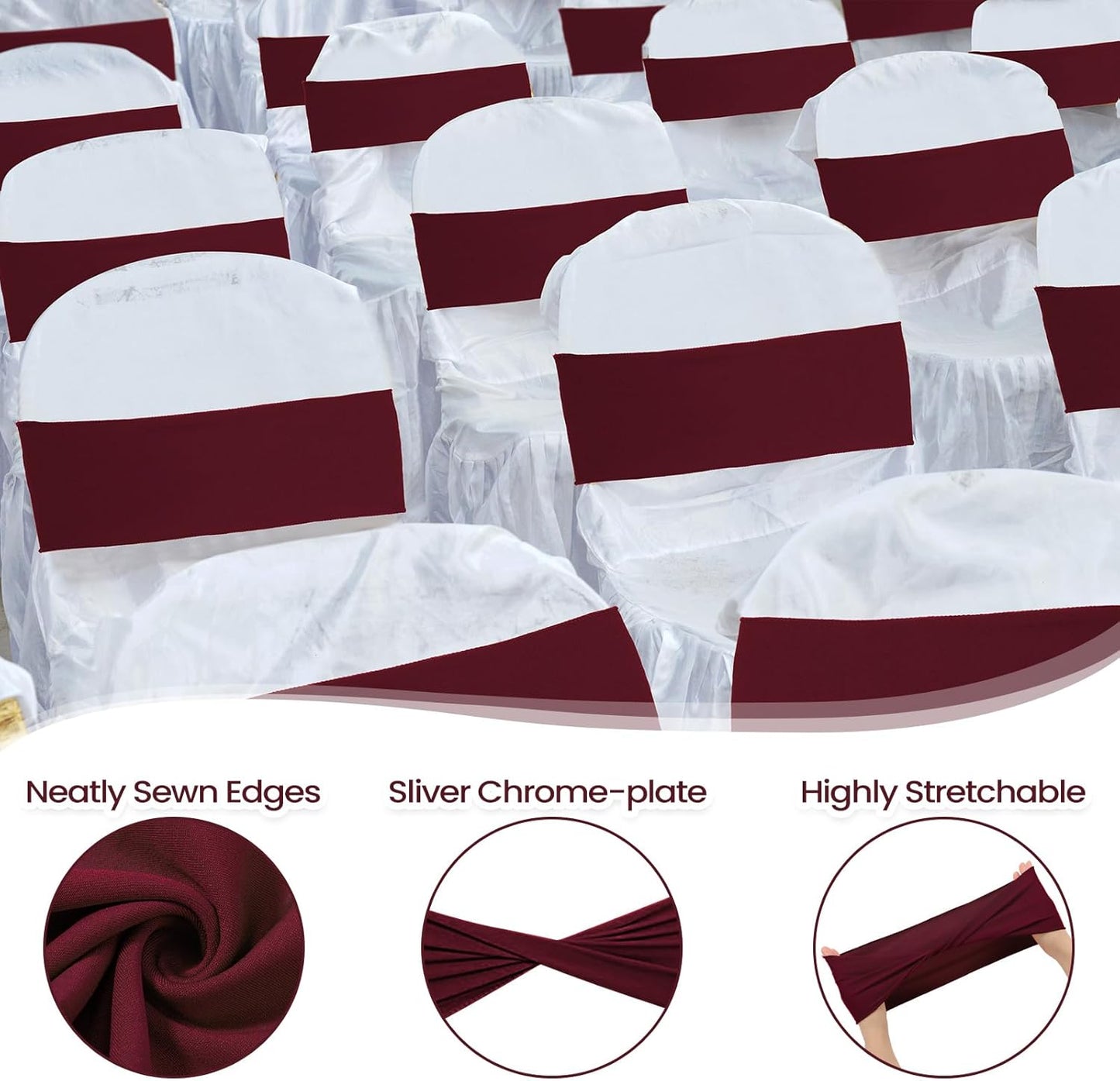 Kinlop 50 Pcs Spandex Chair Sashes Bows Chair Bands Slider Sashes for Covers Elastic Bands Ties Without Buckle Decorations for Wedding Party Events Ceremony Birthday(Burgundy)