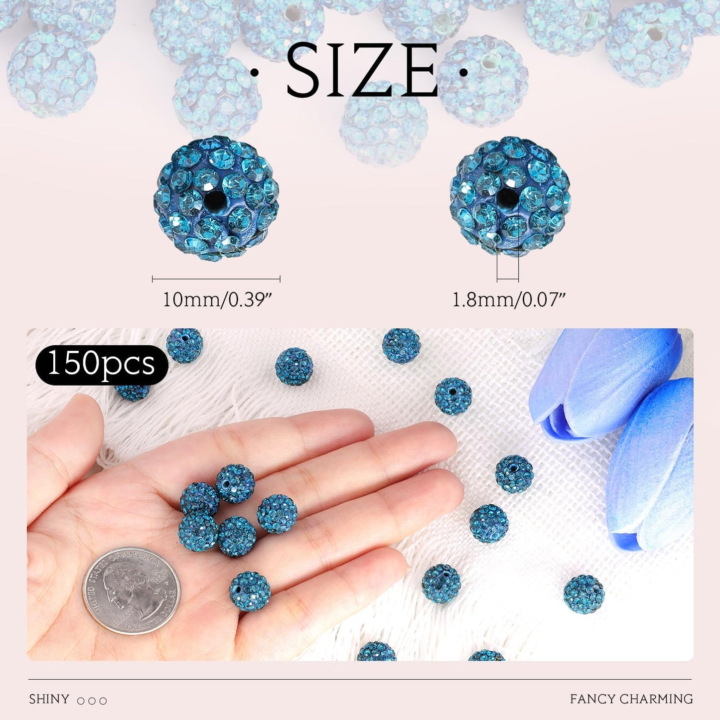 150 pcs 10mm Rhinestone Beads for Jewelry Making, Blue Zircon Shiny Round Shamballa Disco Beads Bulk, Sparkle Crystal Clay Christmas for Bracelet Baseball Necklace Earring Crafting and DIY