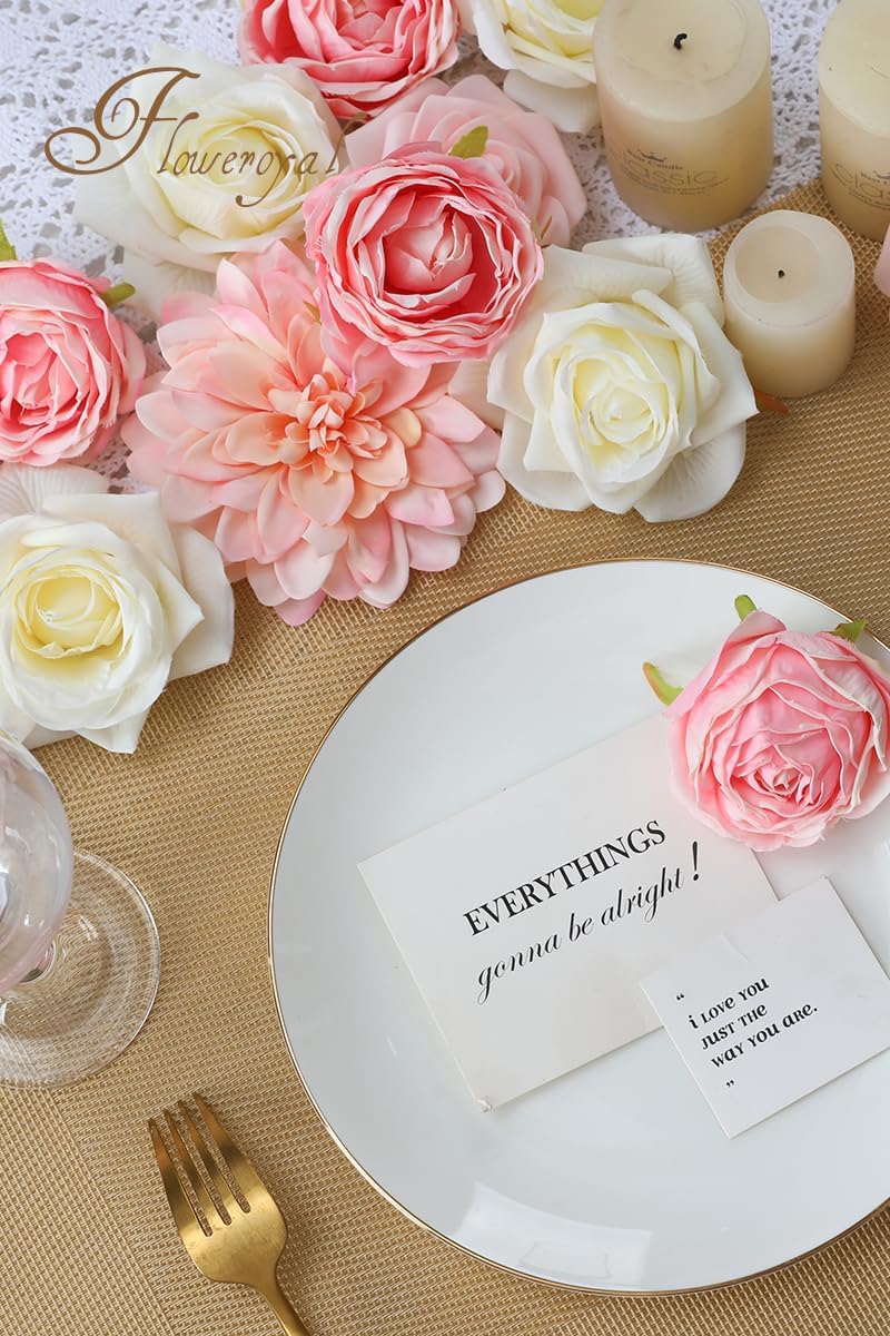 Floweroyal Pink Artificial Flowers Fake Rose Flowers Dahlia with Stems for DIY Wedding Bridal Bouquets, Baby Shower, Floral Arrangement, Table Centerpieces, Home Decorations.