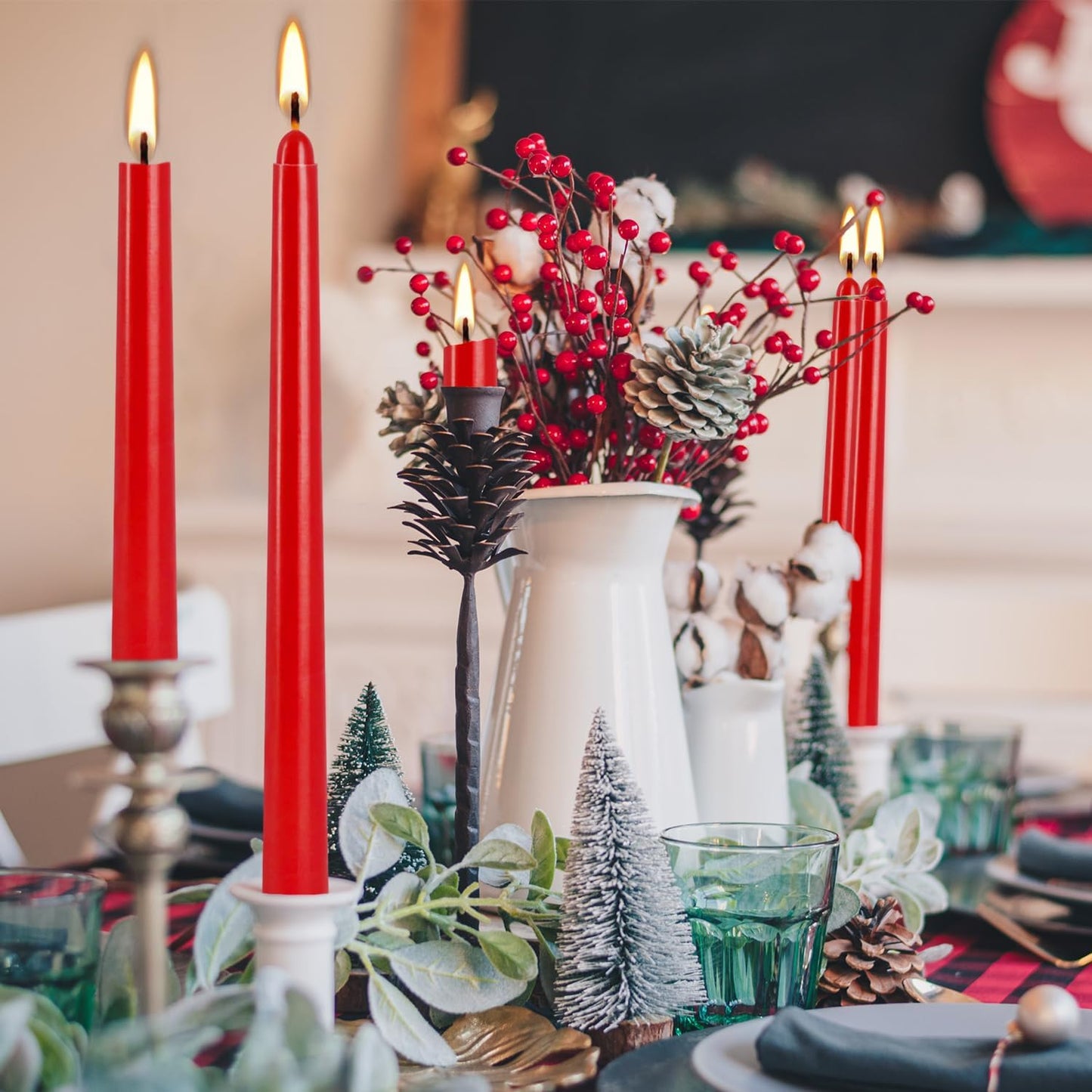 24 Pack Red Taper Candles, 7-8 Hours Burn Time, Unscented, Smokeless and Dripless, 0.75 x 10 Inch Dinner Candle Set for Christmas,Household, Wedding, Party and Home Décor Candlesticks