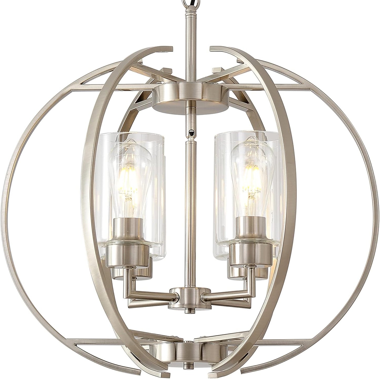 Large Lantern Globe Brushed Nickel Chandelier Lighting, Adjustable Hanging Ceiling Pendant 4 Light for Kitchen, Dining Room, Living Room, Hallway, Bedroom