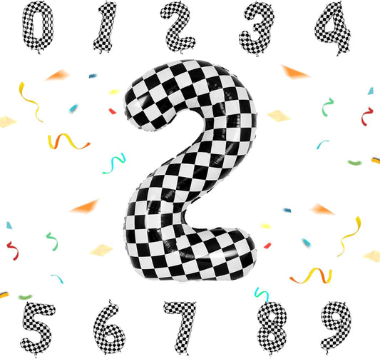40 Inch Checkered Number Balloon - Race Flag Pattern Big Helium Balloon for Birthday Party Decorations - Black & White Balloon for Kids Adults Party Supplies (Racing Car, Number 2)