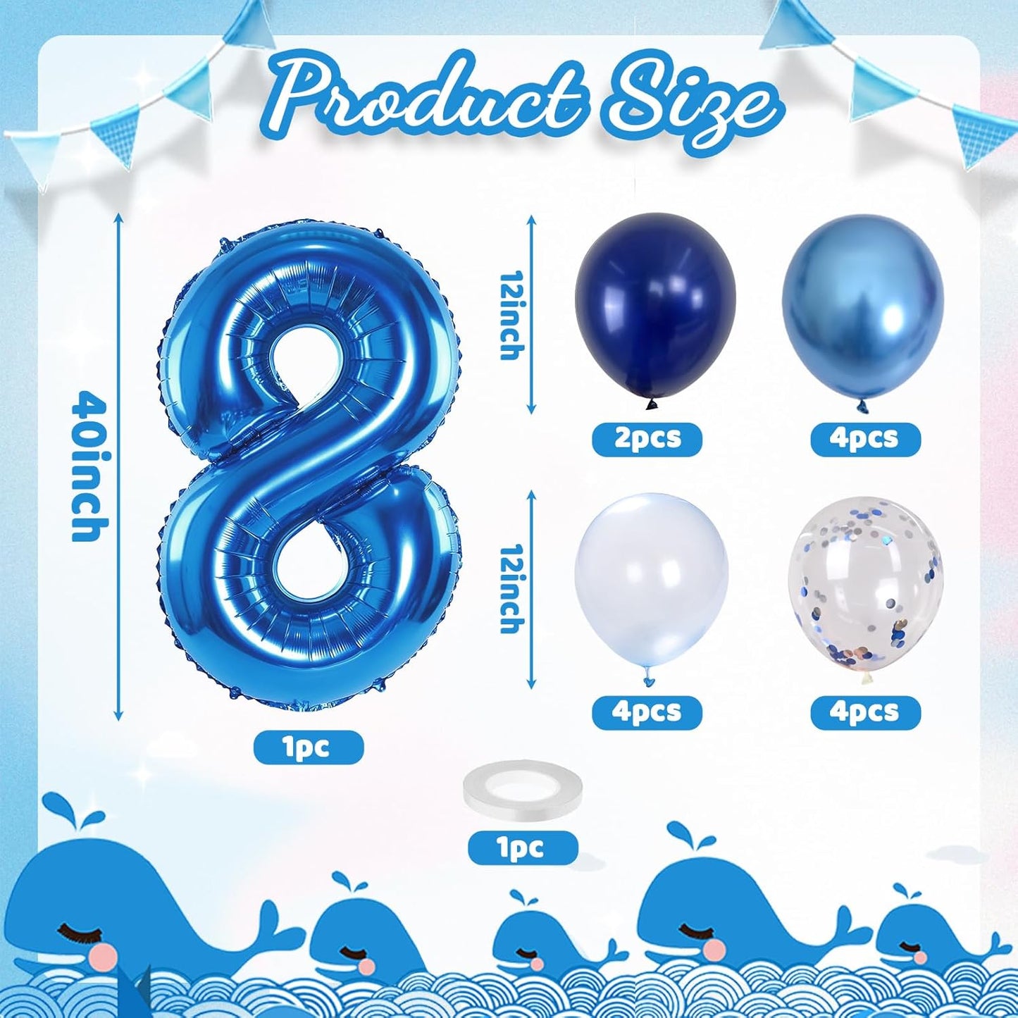 Giant Number Foil Balloon 8, Dark Blue Self Inflating 8th Birthday Balloon for Boys, 40'' 8 Balloon Light Navy Blue with Metallic Blue Silver Confetti Balloon for Anniversary Party Decoration Supplies