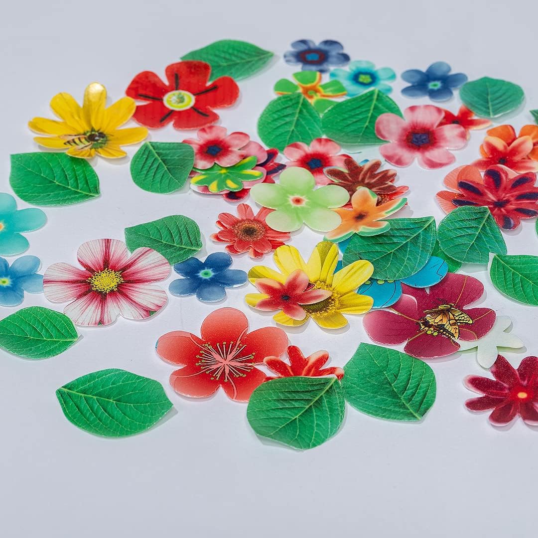 Edible Flowers Edible leaves 55pcs Wafer Paper Cake Cupcake Toppers for Decorating Rice Paper Flower Food Decorations for Baking Girl Birthday Party Mix Size Color (35flowers+20lesaves)