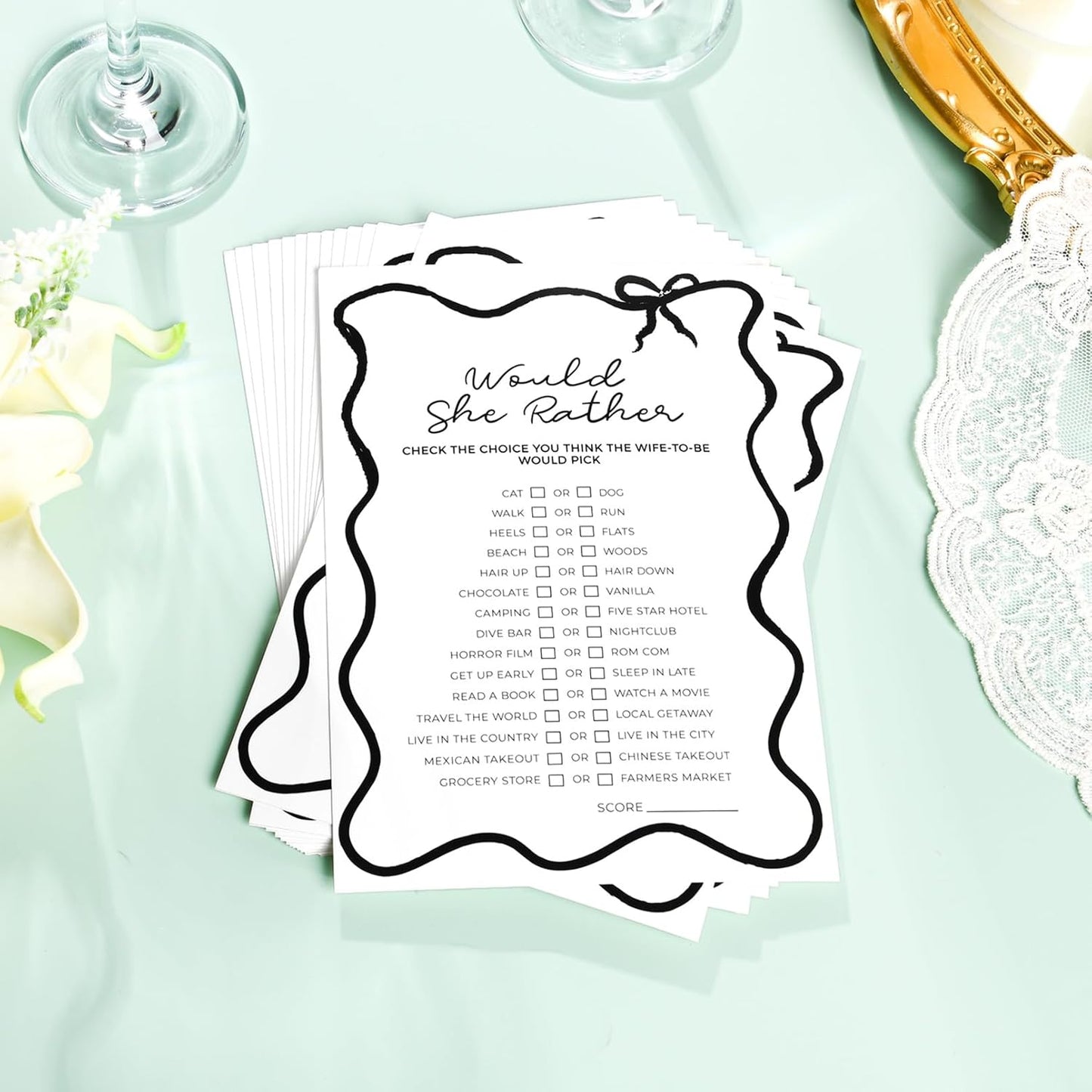 DEEKA 30 PCS Bridal Shower Games Card for 30 Guests Black Wavy Border Ribbon Bow Funny Wedding Bachelorette Party Games for Reception (Would She Rather)