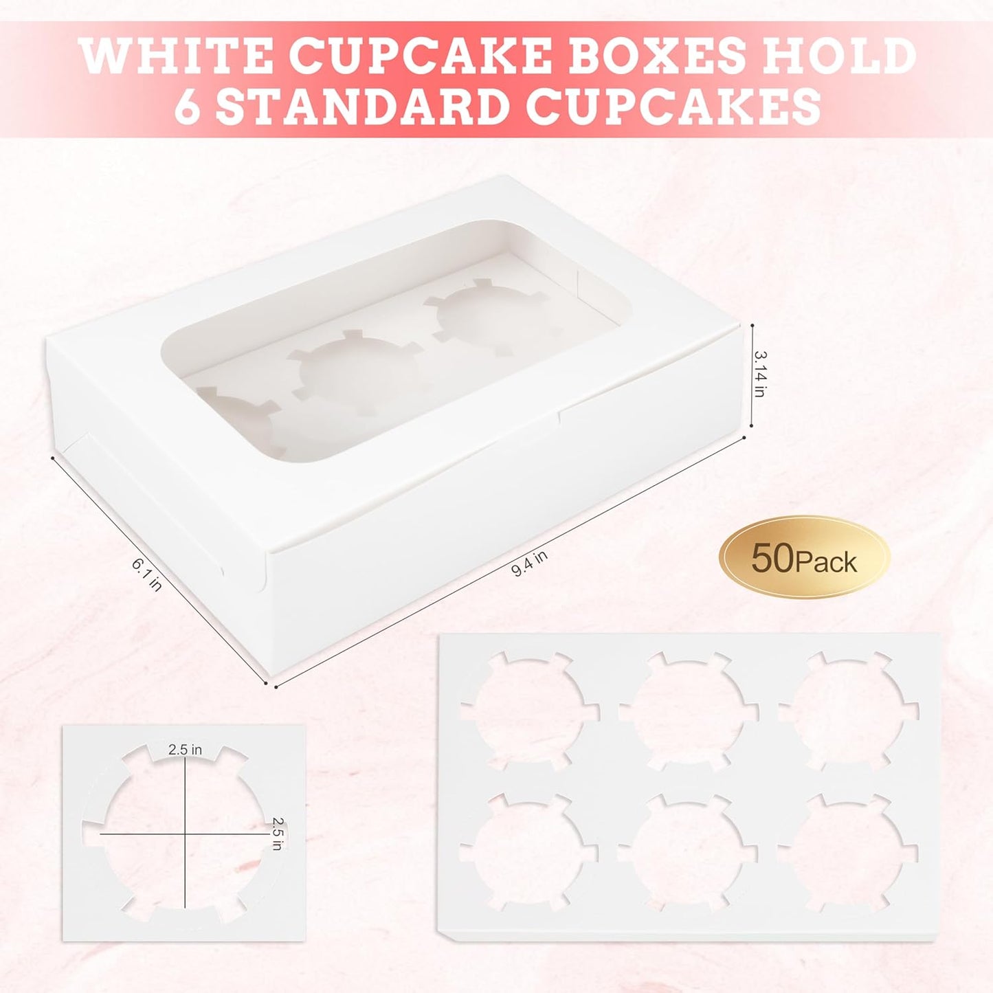 White Cupcake Boxes Holds 6 Standard Cupcake Container,50 Packs,Pastry and Bakery,9.4x6.1x3.14Inches Cookie Boxes with Window and Six Treat Holder for Birthday Holiday Party Bakery