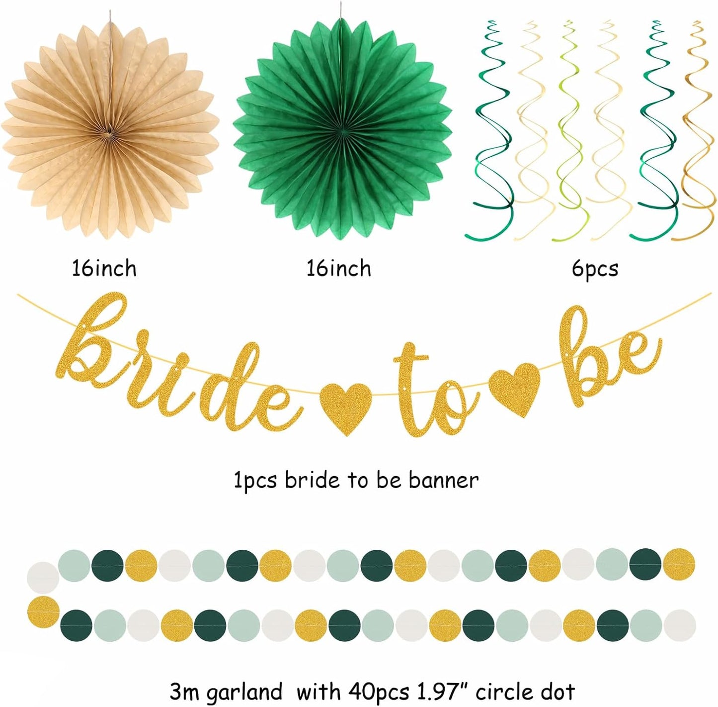 Sage Green Champagne-Gold Bachelorette Party-Decorations - 21pcs Baby Bridal Shower Banner Garland, Bride To Be Paper Streamers Lanterns,flower Tissue Pom Poms Fan,Wedding Backdrop Decor Huglony