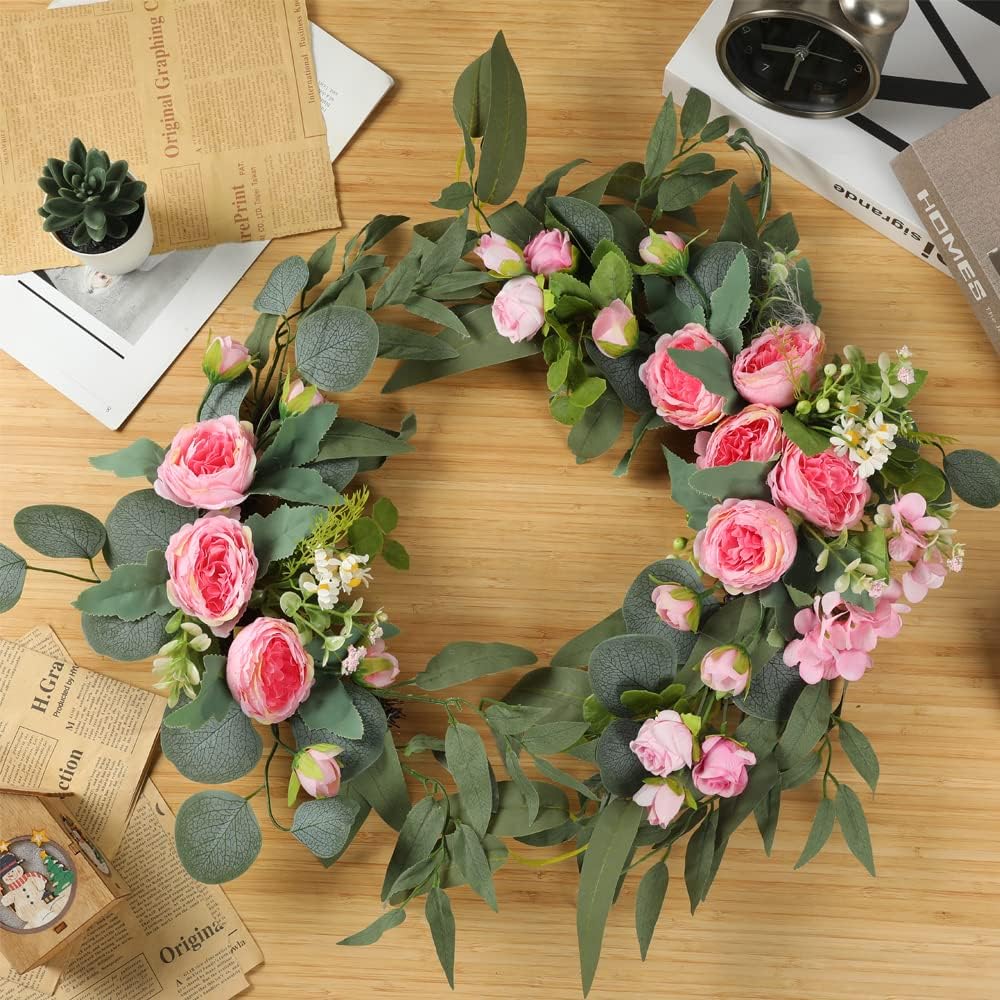 H&W 2pcs Artificial Wedding Arch Flowers for Wedding Sign, Floral Swag Dusty Decor for Reception Ceremony Backdrop Sweetheart Table(Willow Leaves-Peony-Pink)