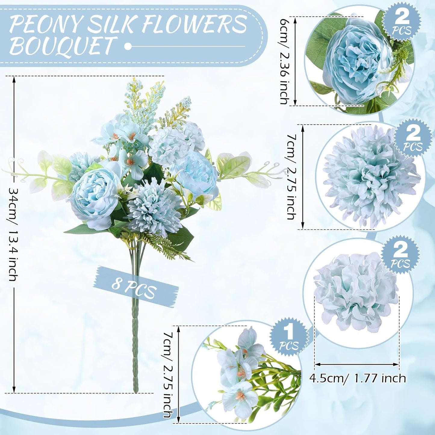 Zeyune 8 Pcs Wedding Silk Flowers Fake Silk Flowers Faux Bouquet Hydrangea Bouquets for Wedding Birthday Party Table Centerpieces Home Decoration(Blue,Peony)