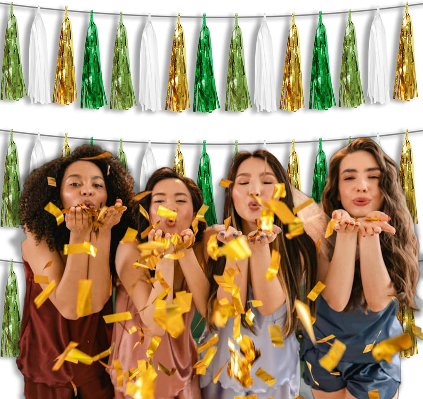 3P Metallic Fringe Tassel Banner Garland Foil Tinsel Streamer Wall Hanging Curtain Backdrop Banners for Parade Floats, Graduation Decorations, Woodland Party Decoration(Sage-Green Gold)