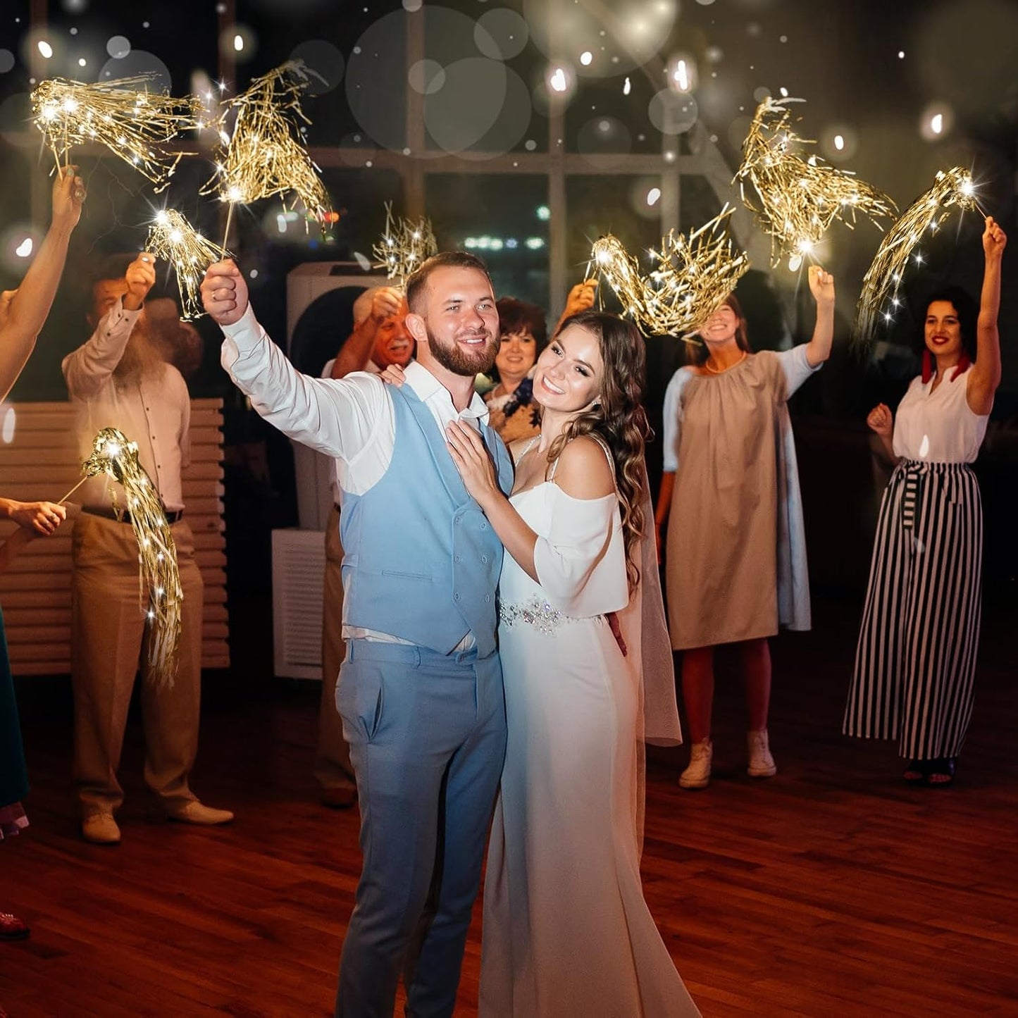 100 Pcs Lighted Wedding Wands LED Tinsel Wands Light up Streamers Sparklers for Wedding Send Off and Exits Birthday Party Props Favors(Champagne)