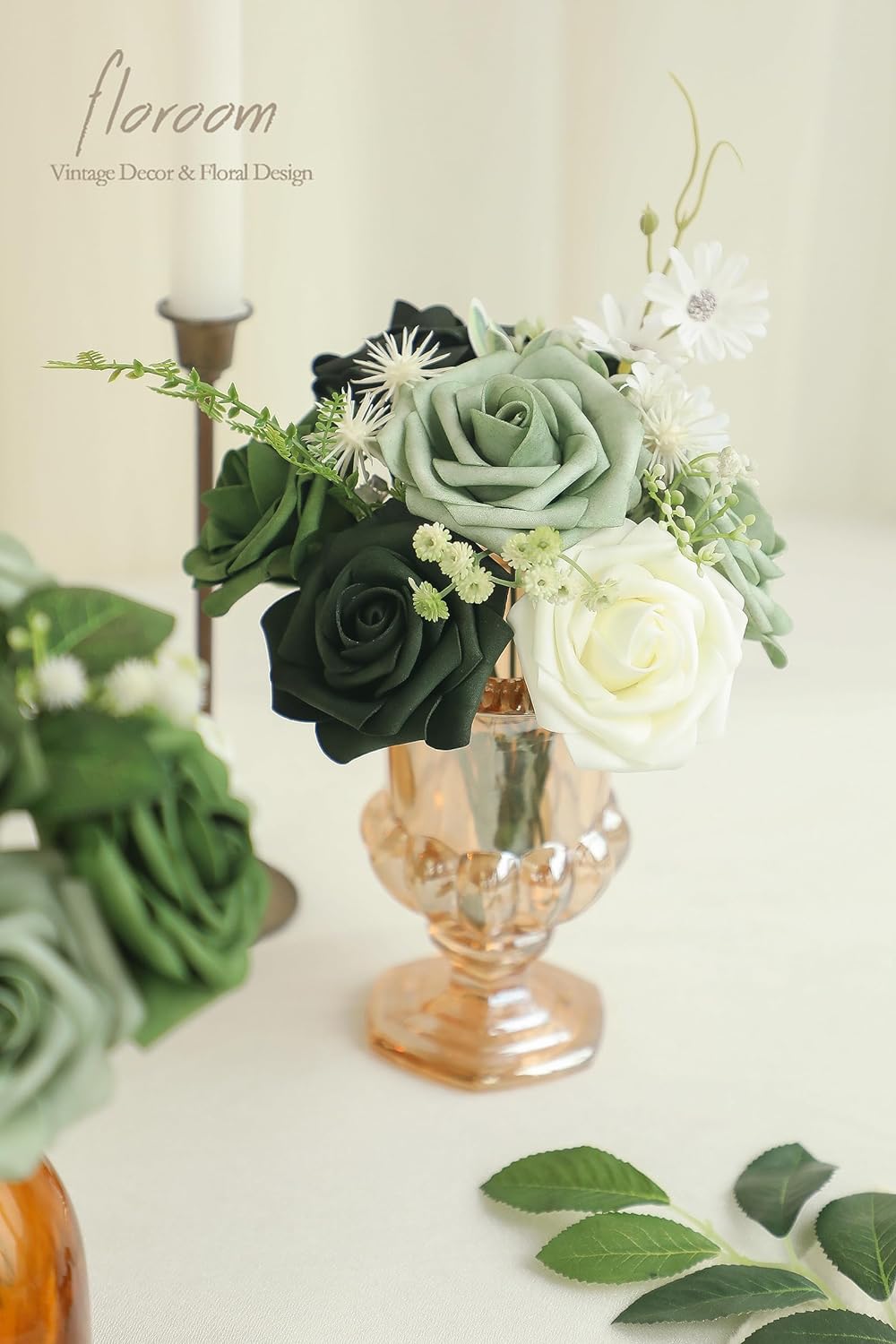 Floroom Artificial Flowers 25pcs Real Looking Forest Green Ombre Colors Foam Fake Roses with Stems for DIY Wedding Bouquets Bridal Shower Centerpieces Sage Green Floral Arrangements Decorations