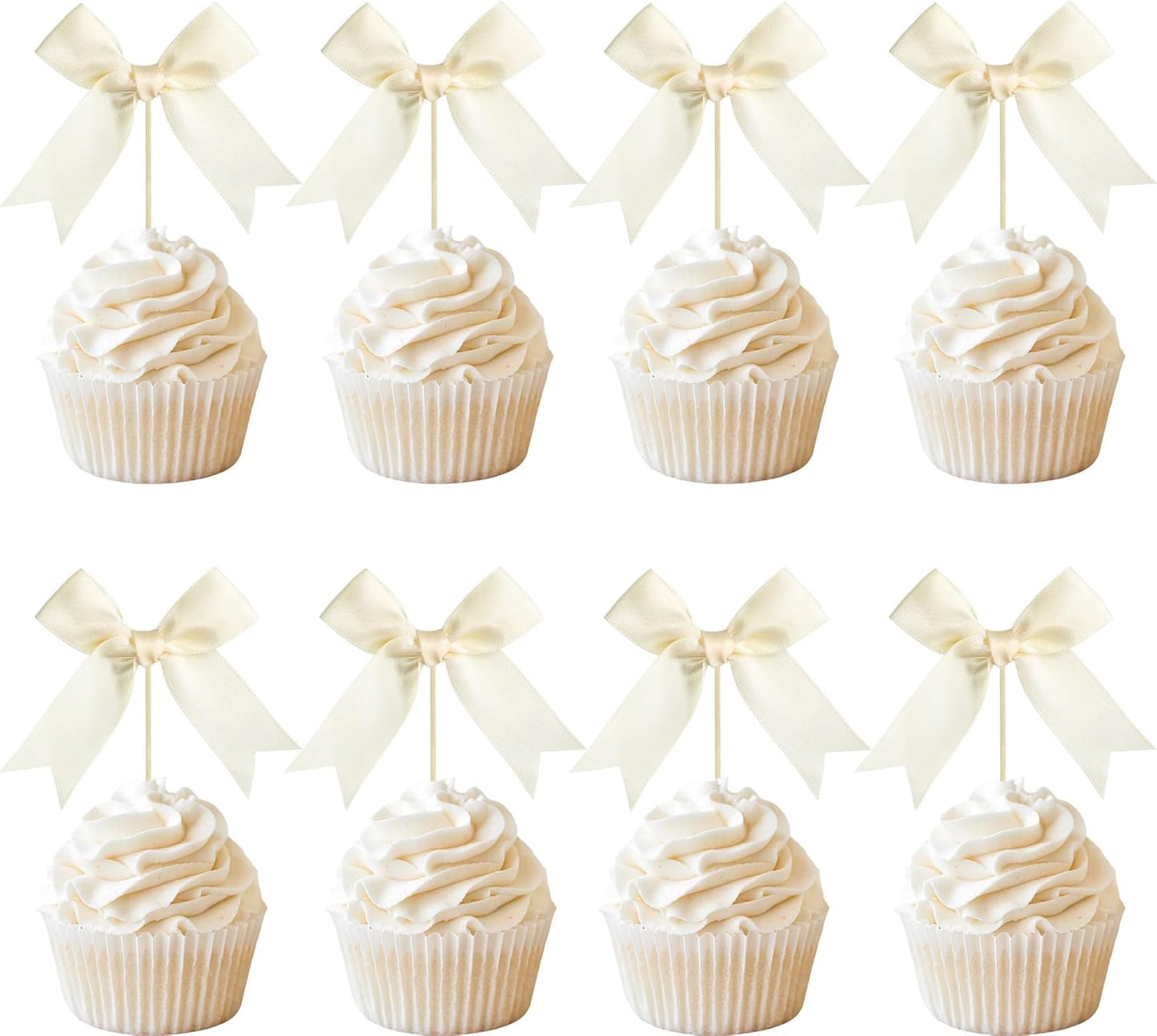 Gyufise 24Pcs Bow Cupcake Toppers Coquette Bow Girls Birthday Cake Decorations Bowknot Cake Toppers Bowknot Cupcake Picks for Baby Shower Birthday Wedding Bridal Engagement Party Supplies Beige