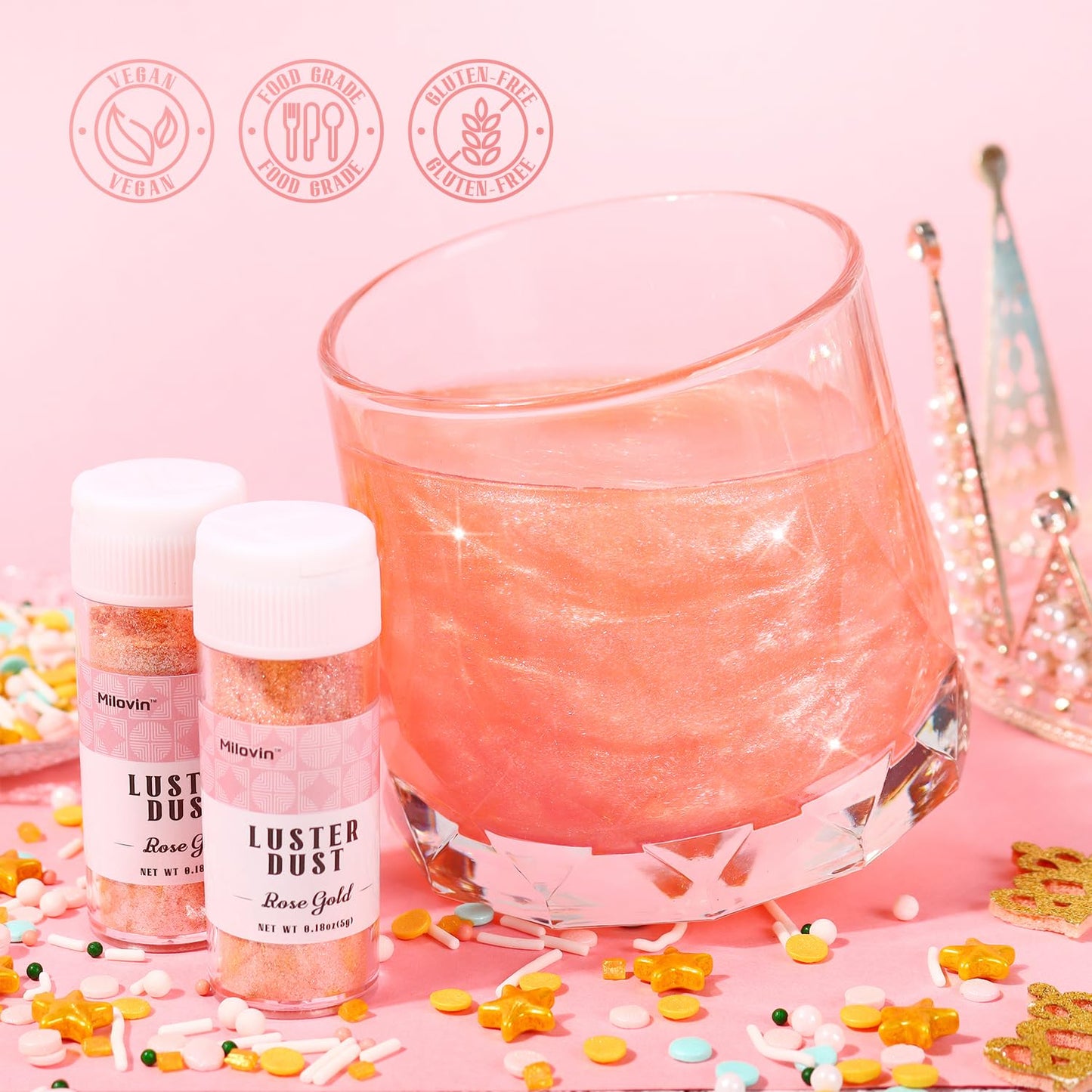 Rose Gold Edible Glitter for Cocktails, 5g Food Grade Glitter, Rose Gold Luster Dust Edible for Drinks, Cake Decorating, Cookies, Cupcakes, Macaron, Chocolate(0.18oz)