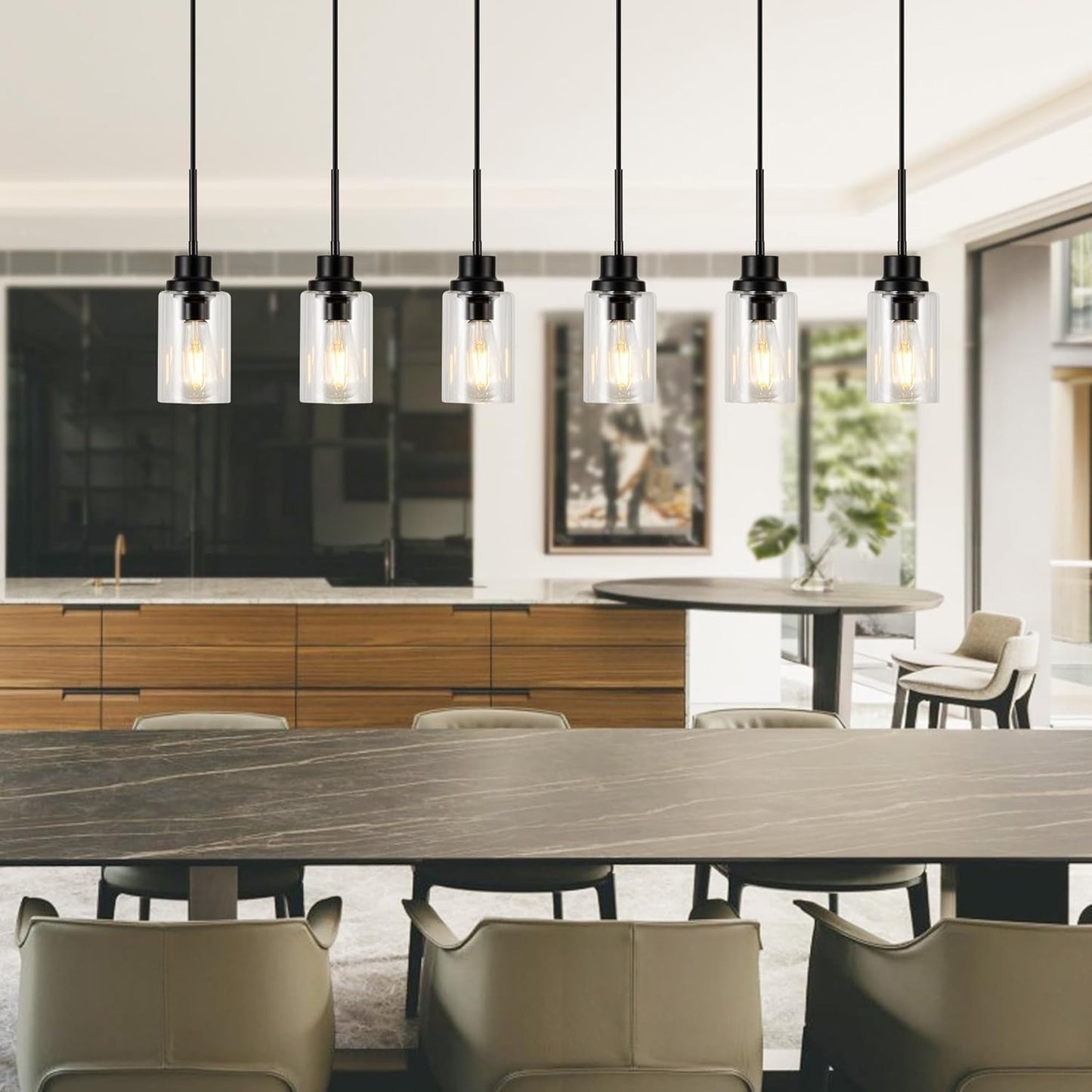 6 Lights Island Lights for Kitchen Modern Industrial Black Linear Chandeliers with Clear Glass Shade for Dining Room Kitchen Long Finish Ceiling Lighting Fixtures