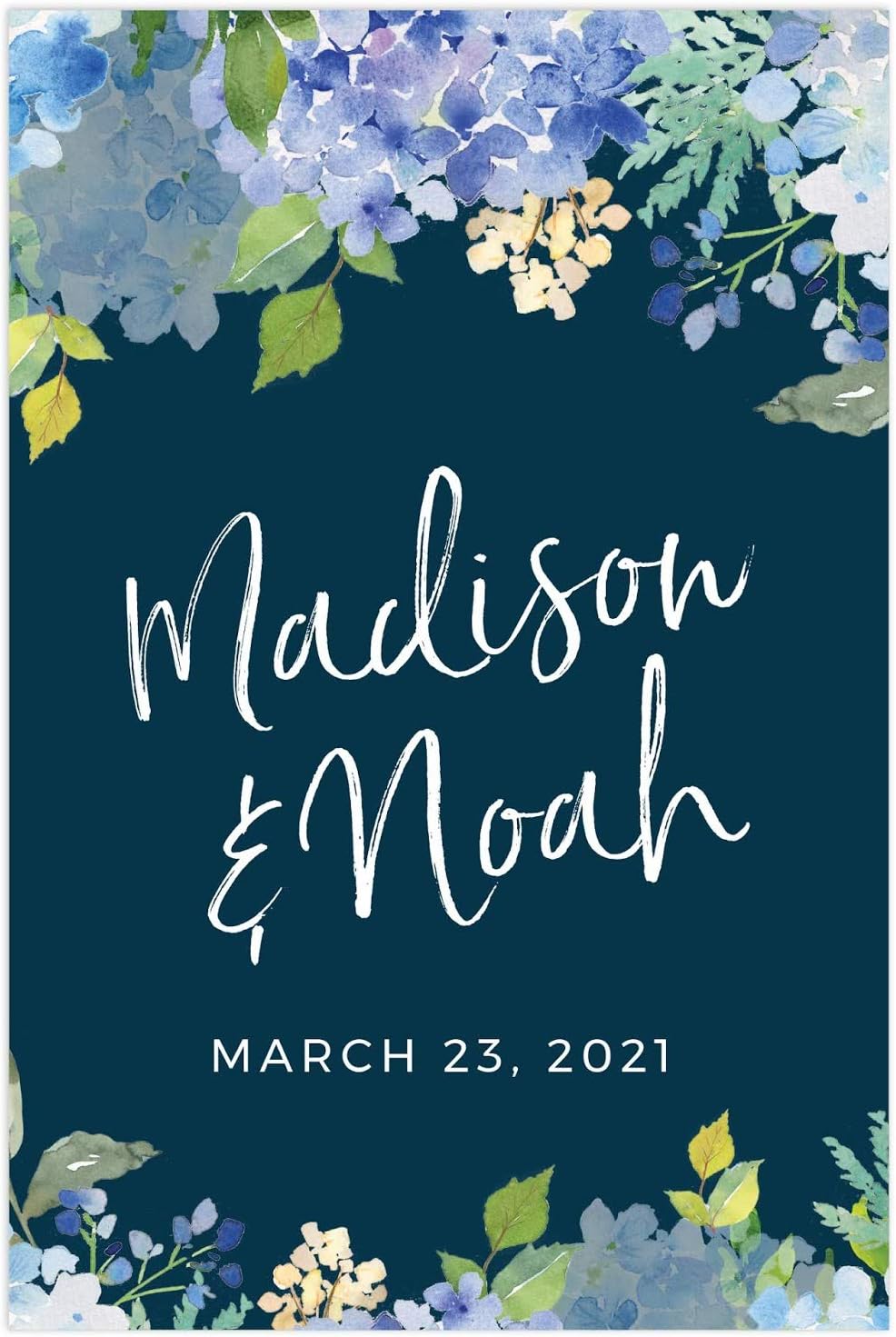 Andaz Press Personalized Extra Large Wedding Easel Board Party Sign, 12x18-inch, Baby Blue Hydrangea Floral Flowers on Navy Blue, Bride Groom Names and Date, 1-Pack, Custom