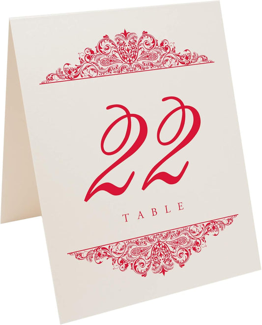 Paisley Wedding Table Numbers (Select Color/Quantity), Champagne, Ruby Red, 1-150, Double Sided, Tent or Use in a Stand, Great for Parties & Restaurants - Made in the USA