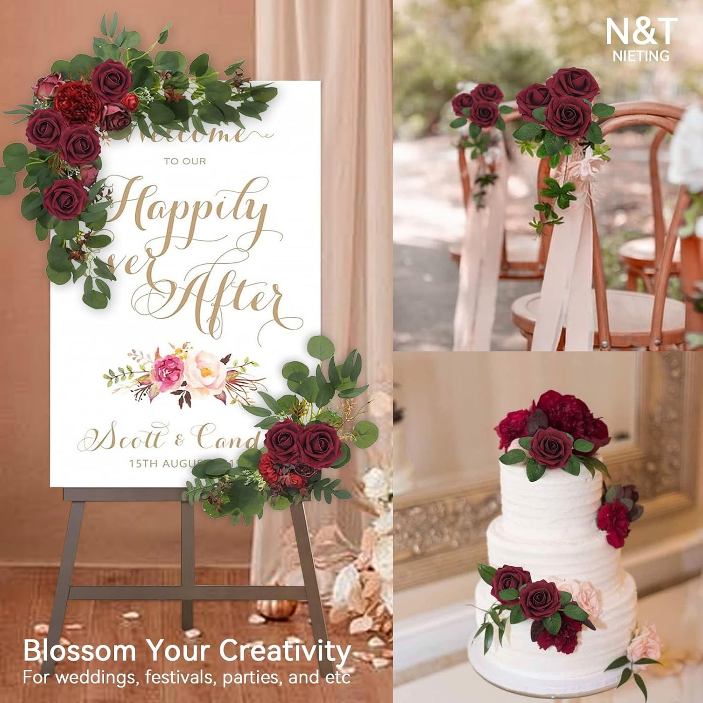 N&T NIETING Artificial Flowers - Fake Flowers Dark Red Roses Perfect DIY Wedding Bouquets Centerpieces Bridal Shower Party Home Flower Arrangement Decorations, 50Pcs