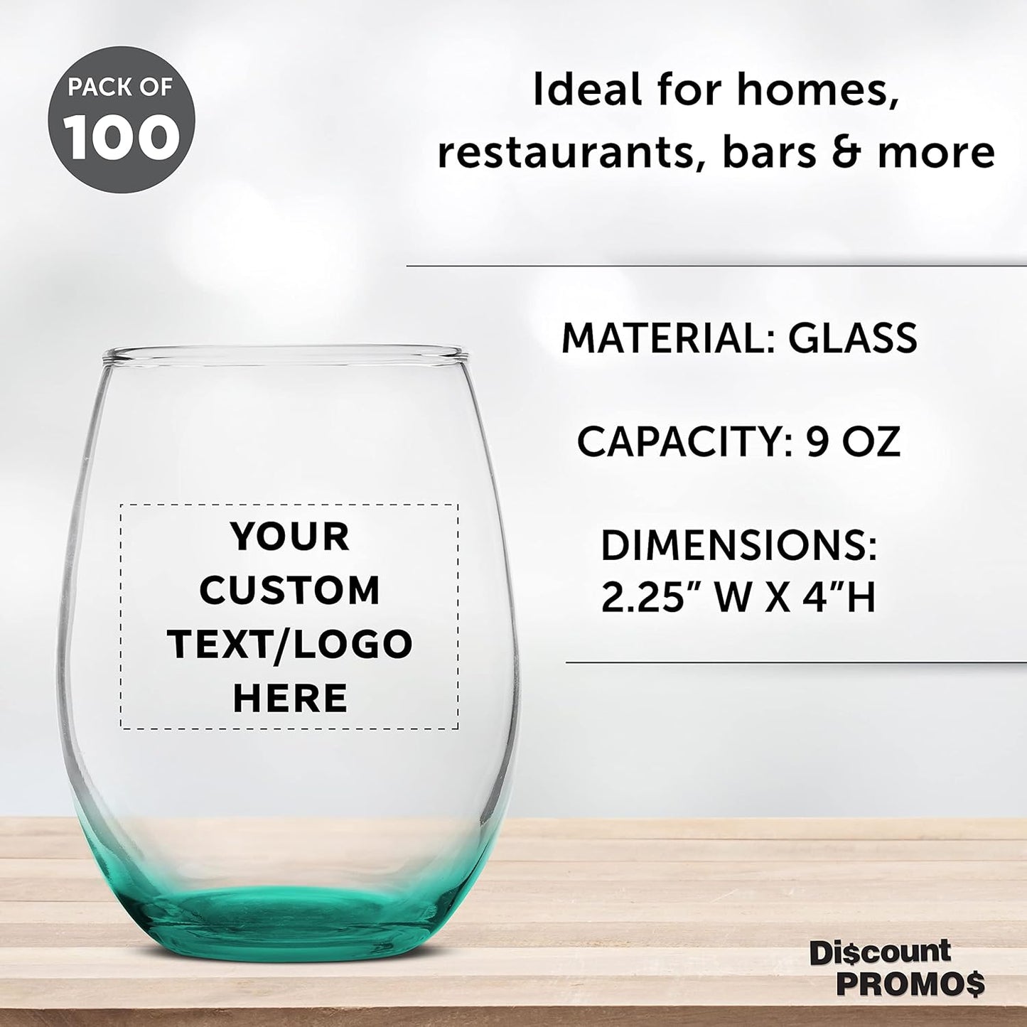 Custom Stemless Wine Glass 9 oz. Set of 100, Personalized Bulk Pack - Great for Wedding Favors, Bachelorette Party Decorations, Party Favors, Color Bottom - Green