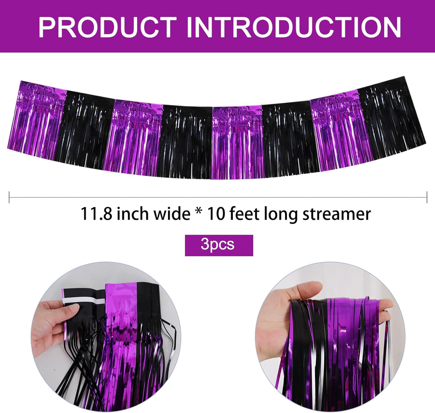 BEISHIDA 3 Packs Metallic Foil Fringe Garland Black Purple Wall Hanging Tinsel Fringe Banners for Halloween Car Floats Bridal Shower Wedding Birthday Easter Graduation Holiday Party Decoration (30 Ft)