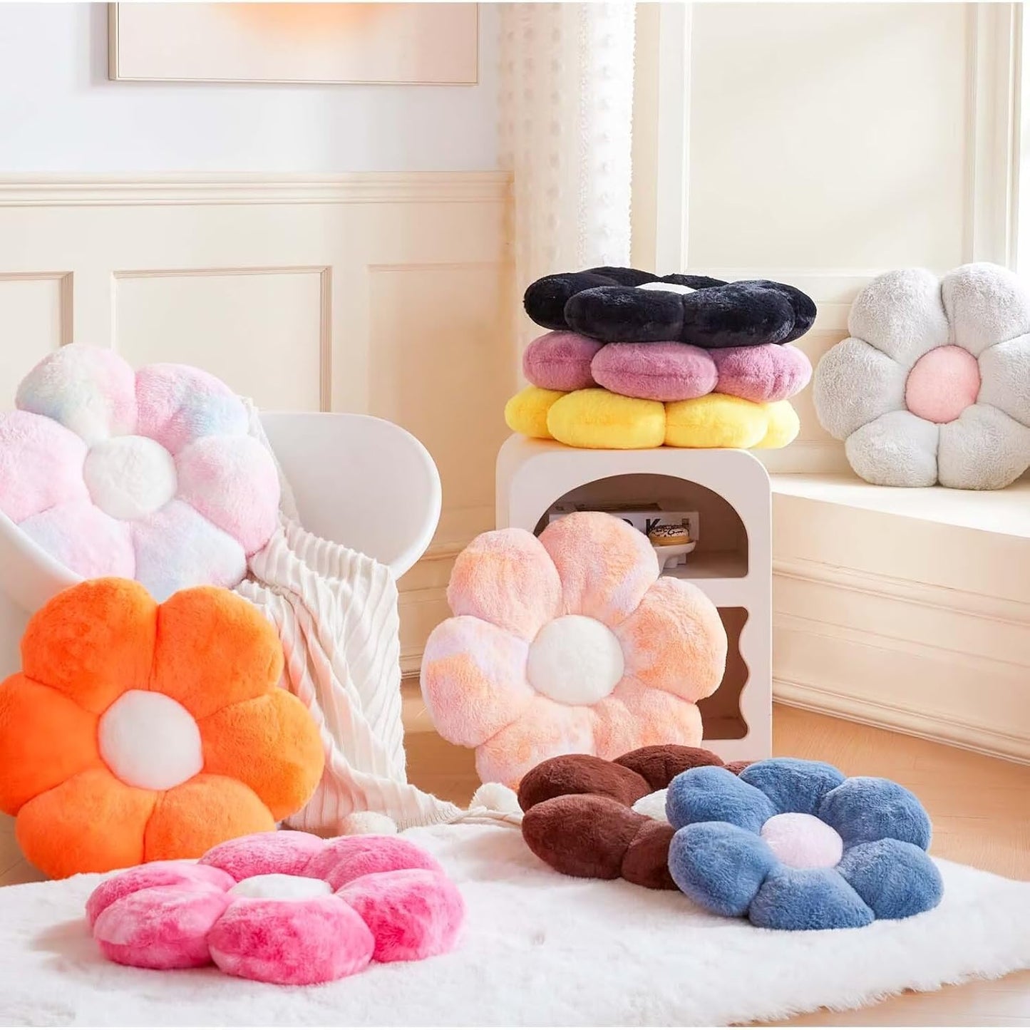 Yellow Flower Plush Throw Pillow, Cute Decorative Flower Shaped with Faux Rabbit Fur, 19.6" Soft Plush Floor Pillow for Bedroom Living Room