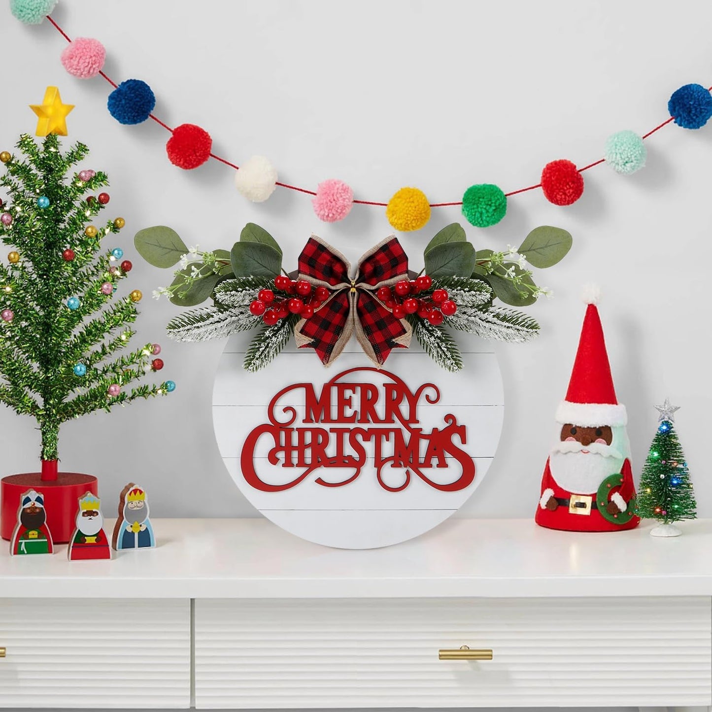 CHDITB Cute Merry Christmas Wooden Front Door Wreath(11.4”x11.4”), Farmhouse 3D Christmas Decor Hanging Sign with Red Plaid Bow Berries Mistletoe, Housewarming Gift for Xmas Winter Holiday New Year