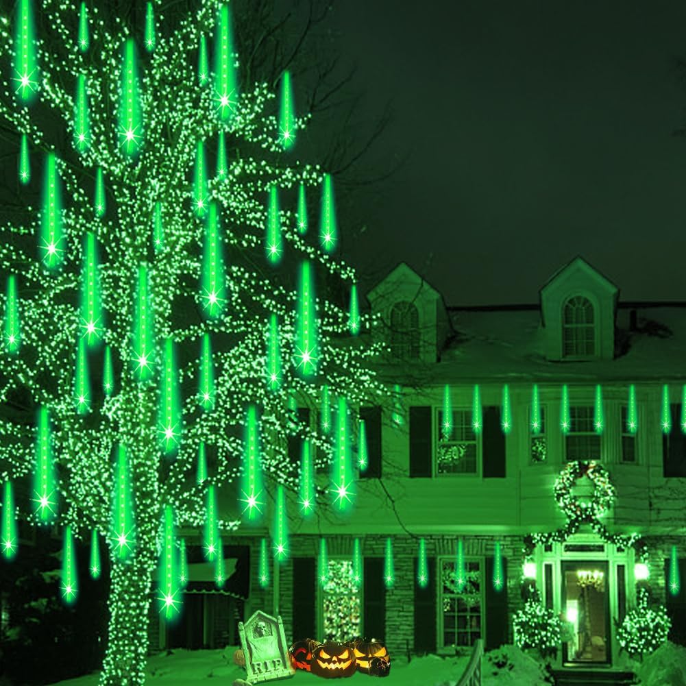 Halloween Lights Outdoor, Meteor Shower Christmas Lights for Halloween Decorations, 8 Tube 192 LED Snow Falling Rain Icicle String Light for Xmas Christmas Decor Tree Party, UL Plug Green