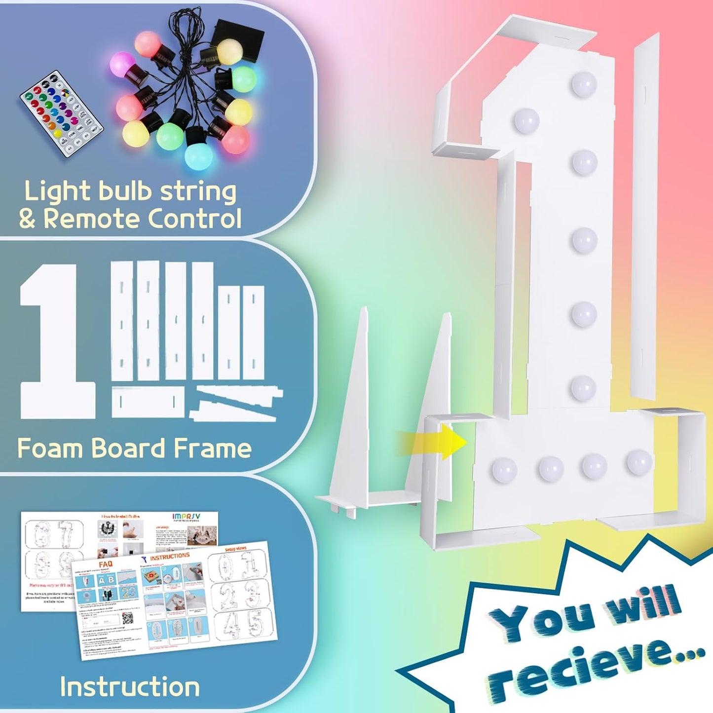 imprsv 4FT Colorful Marquee Numbers,18 Colors Number 1 with Remote, Light Up Numbers Sign for 1st Birthday Decorations Anniversary Party Decor, Pre-Cut Foam Board Kit, Mosaic Sign for Balloon