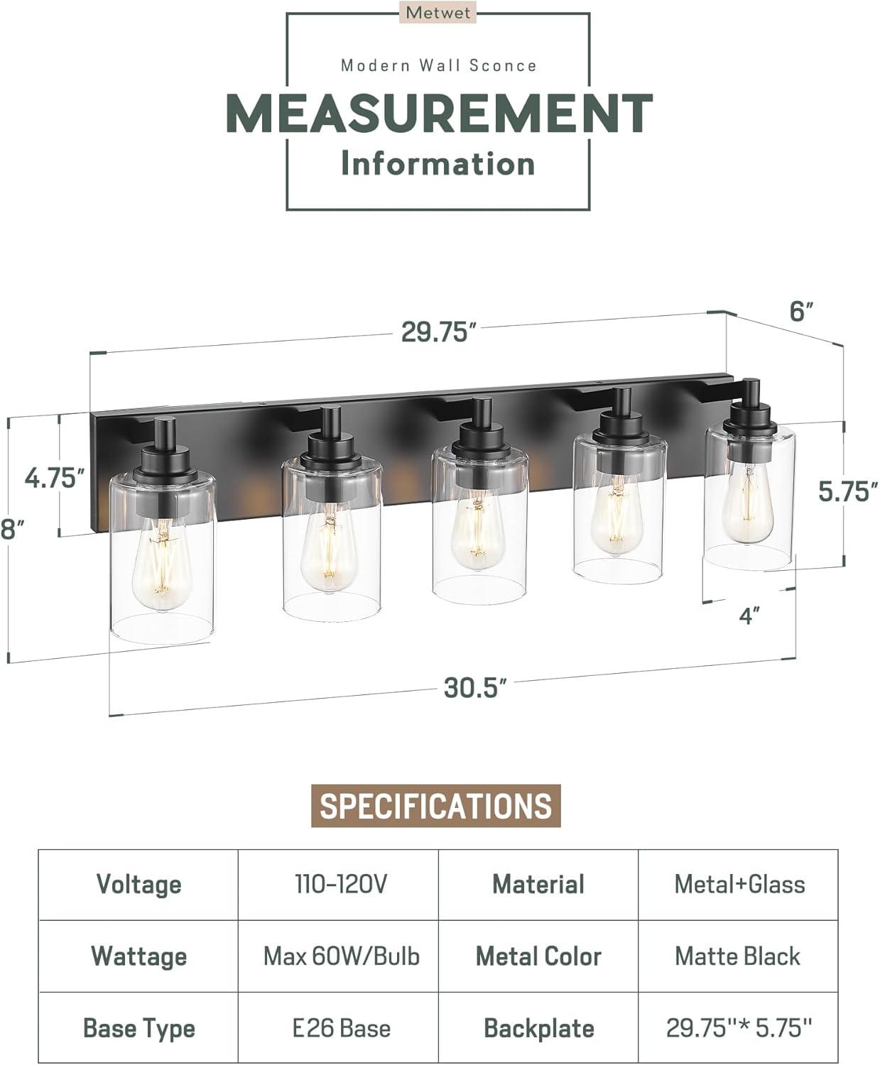 5-Light Bathroom Light Fixtures, 30 Inch Black Vanity Light with Cylinder Clear Glass Shade, Modern Vanity Lighting Fixtures Over Mirror, VL143-MB-5