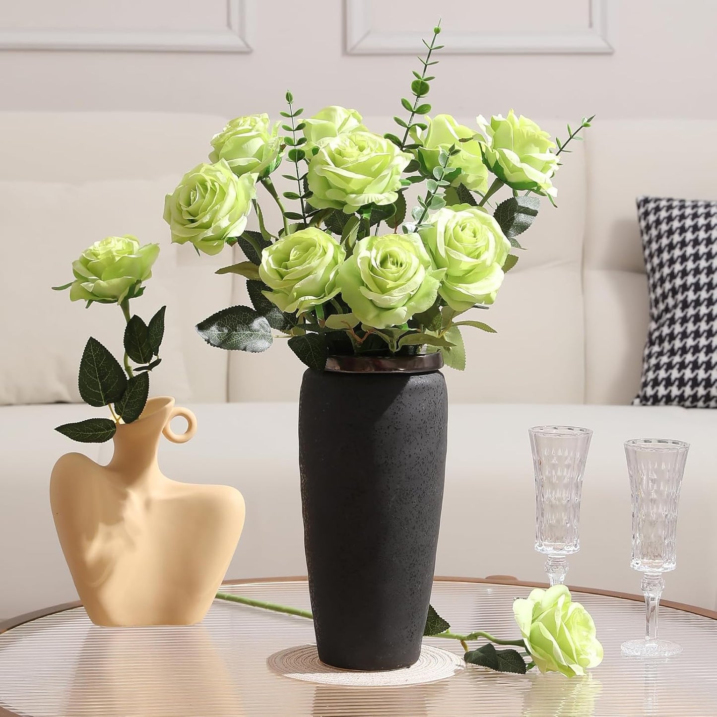 Tifuly Green Roses Artificial Flowers -12Pcs Realistic Single Long Stem Fake Silk Roses Bouquet for Party Home Wedding Centerpiece Hotel Office Decor