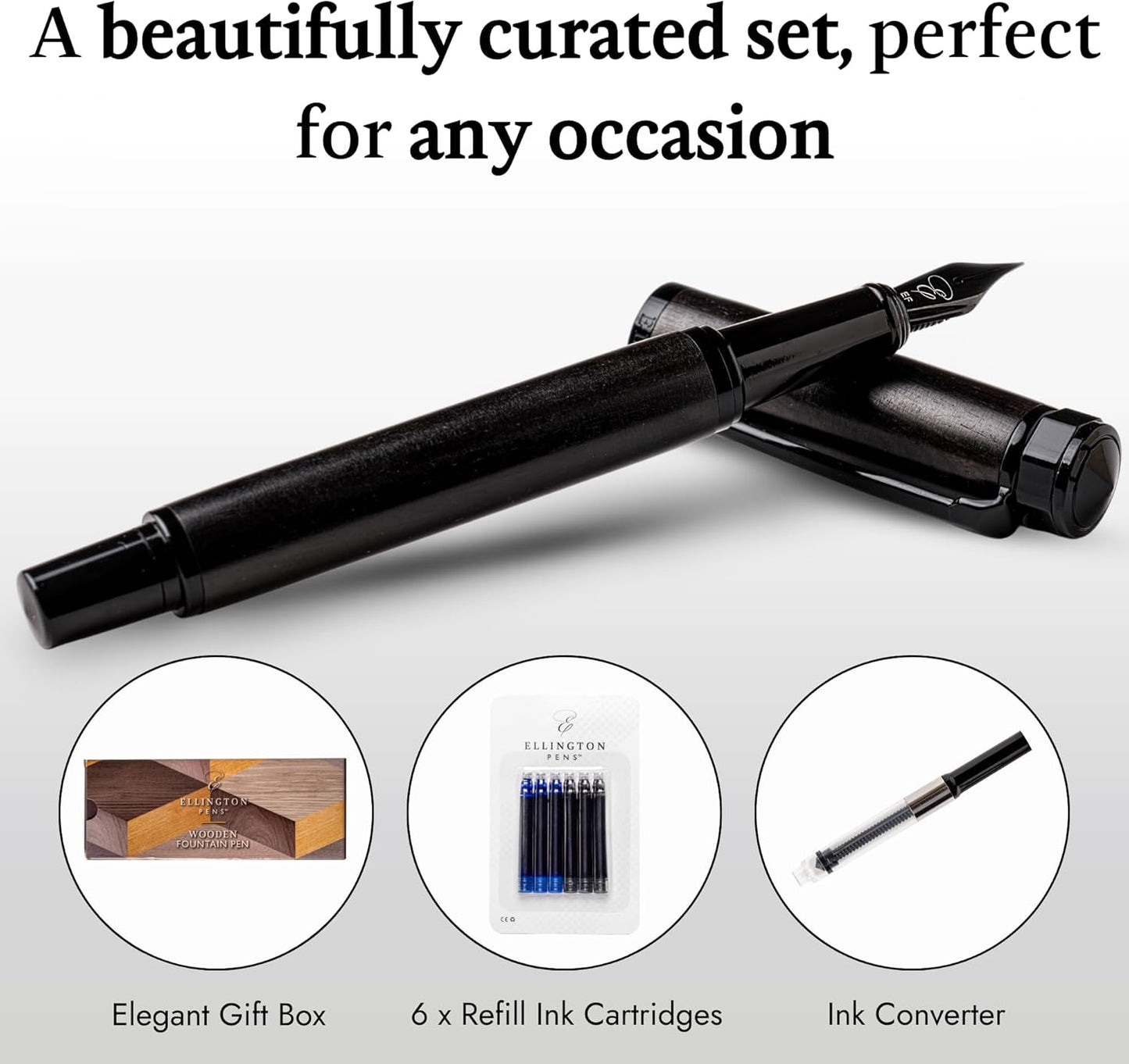 Ellington Pens Elegant Wood Fountain Pen Set – Includes Wooden Pen Box, Ink Converter, 6 Ink Cartridges, and Gift Box – Writing, Calligraphy